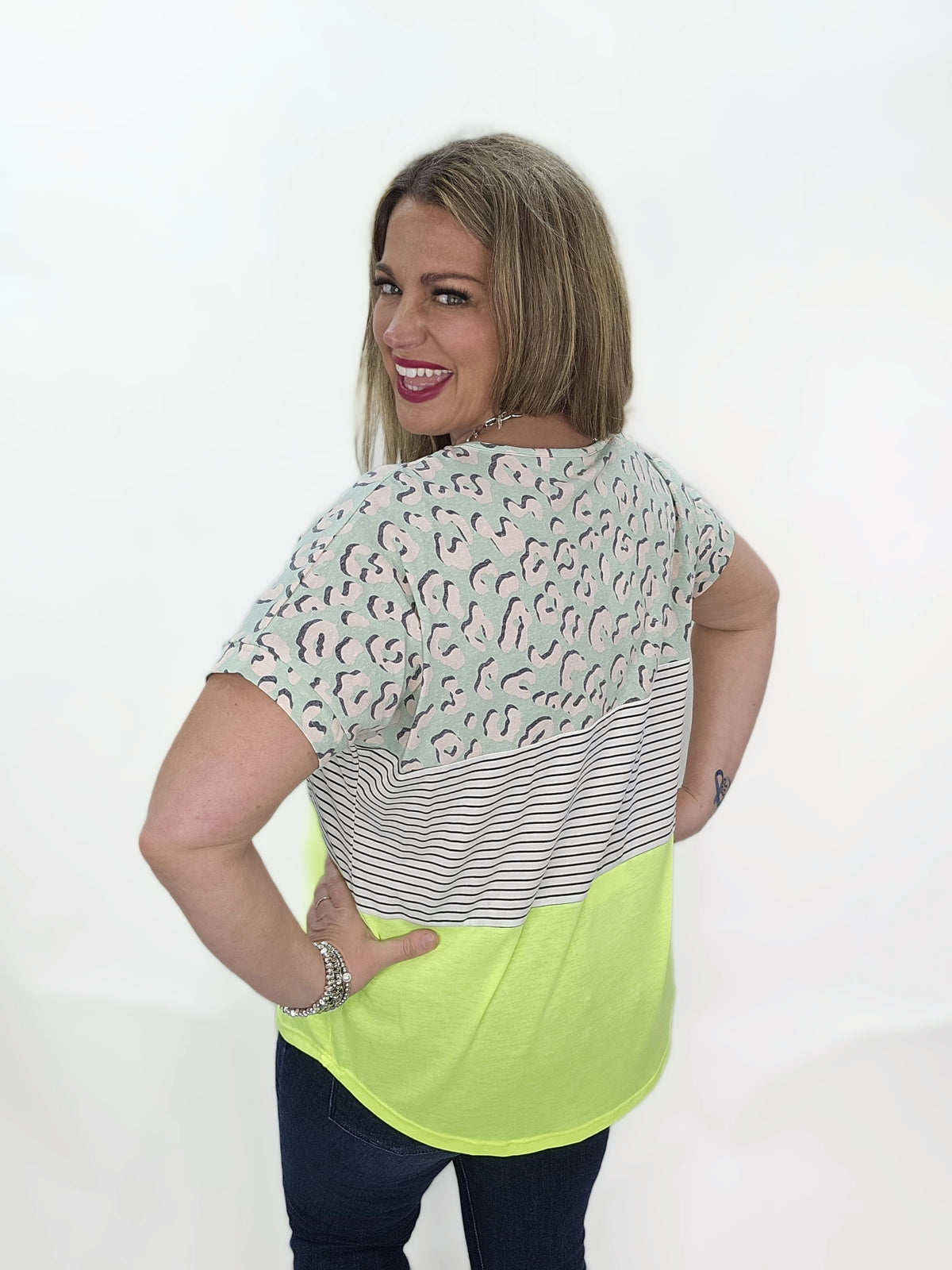 NEON LIME/STRIPED/ANIMAL COLORBLOCK V NECK KNIT TOP - FINAL SALE