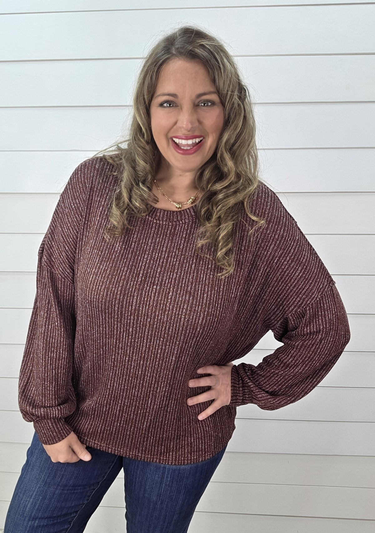 WINE MARBLED LONG SLEEVE KNIT TOP