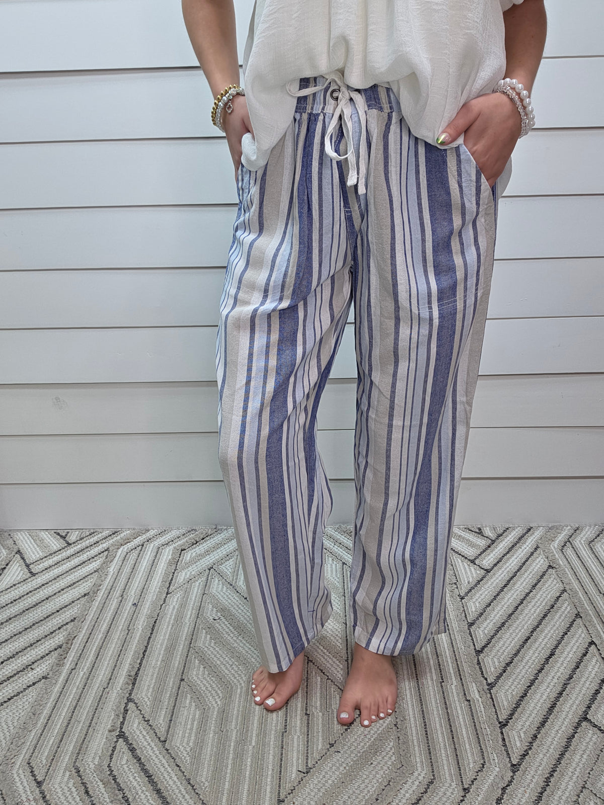 BLUE/WHITE/TAN STRIPED DRAWSTRING PANTS
