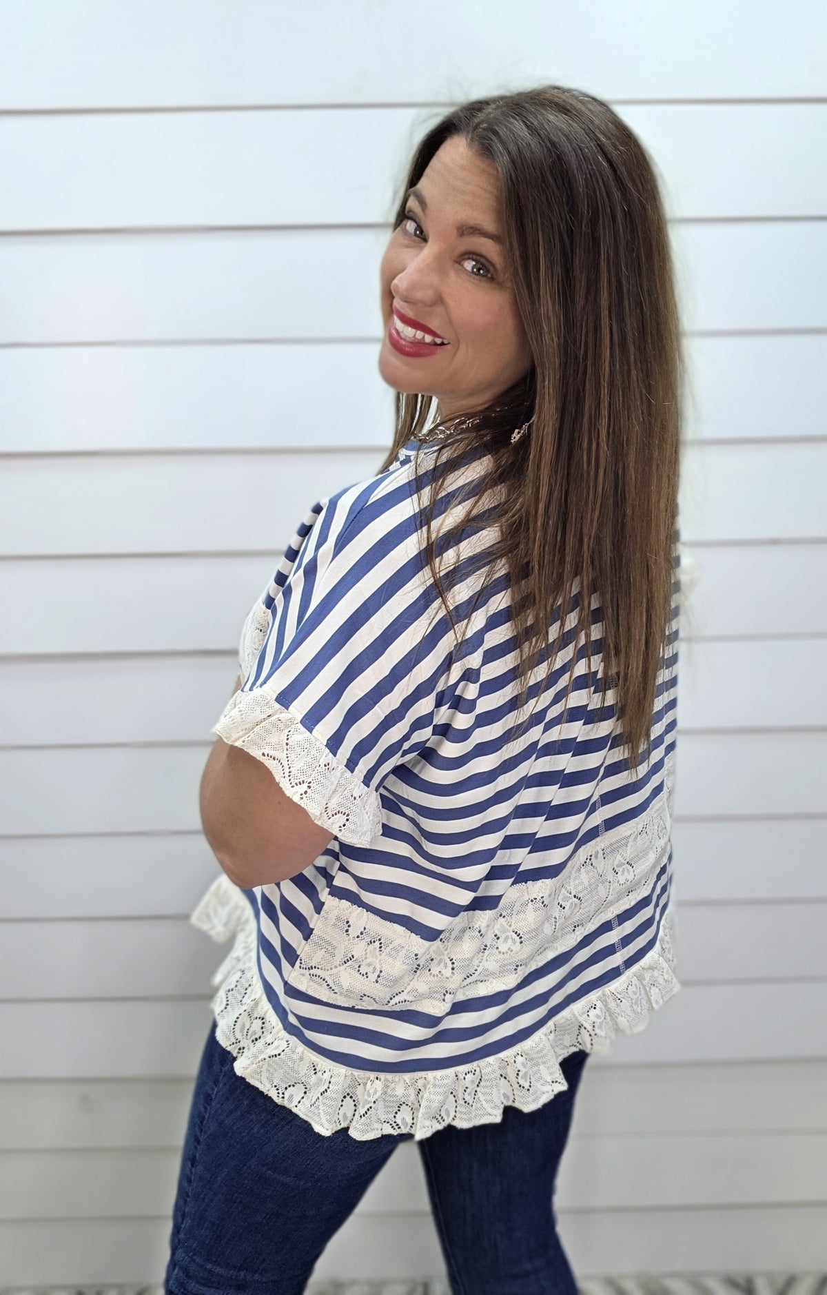 BLUE STRIPED KNIT TOP W/ LACE ACCENTS