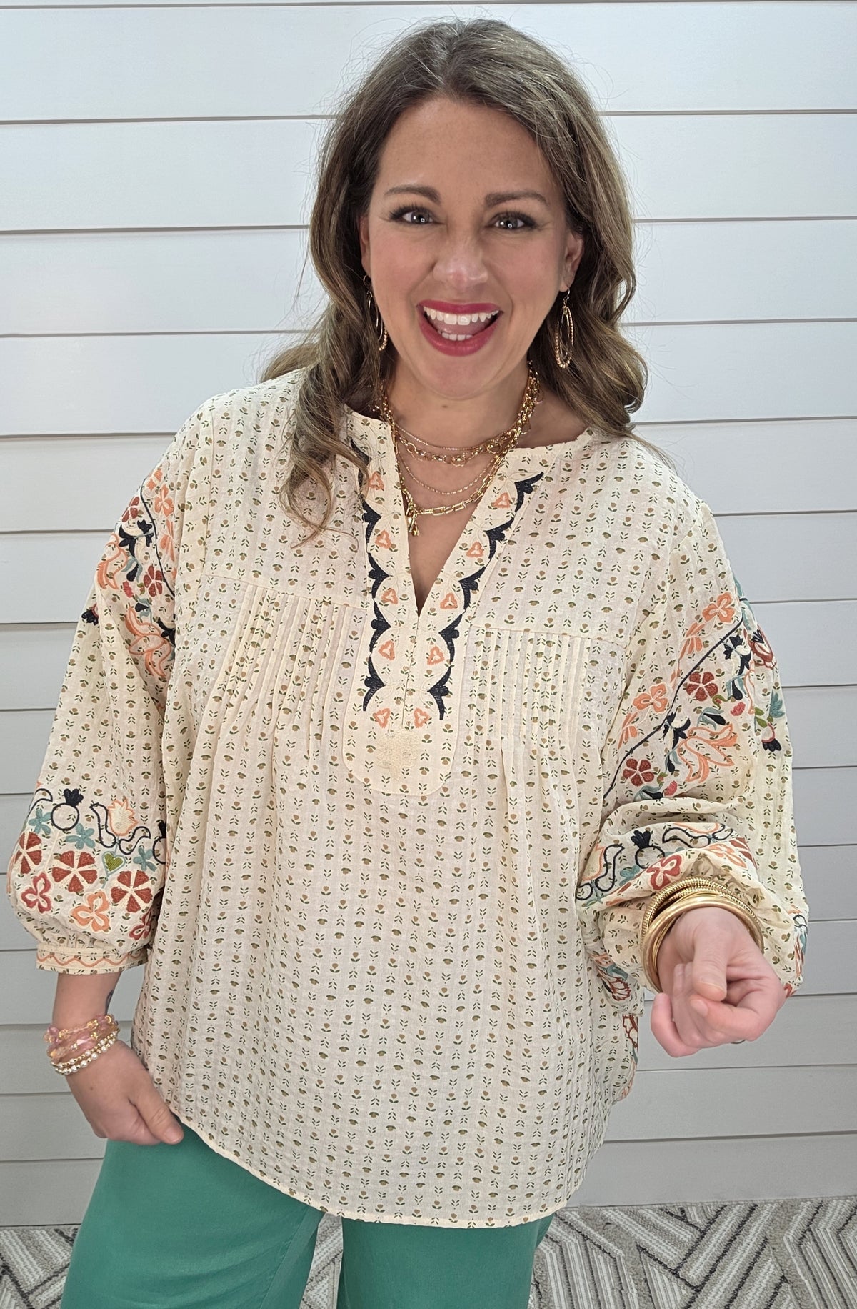 OATMEAL DOLMAN OVERSIZED FLORAL EMBROIDERED V NECK TOP