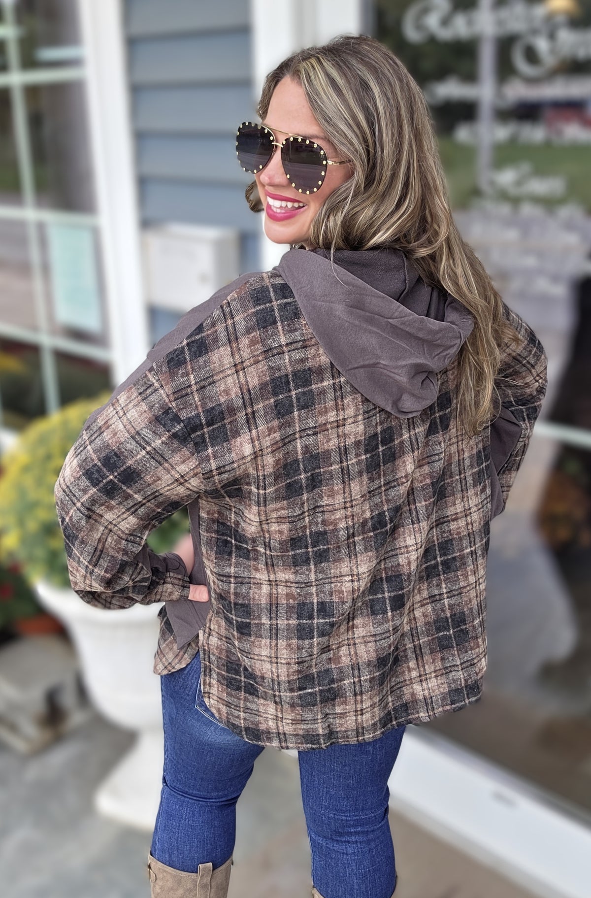 CHARCOAL/BROWN PLAID CONTRAST FRENCH TERRY HOODIE