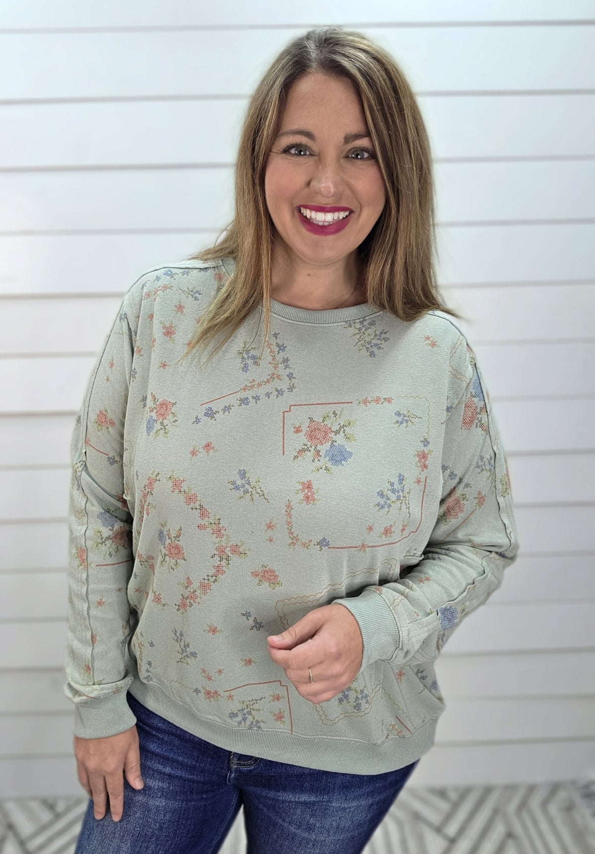 DUSTY BLUE FLORAL VICTORIAN PRINT OVERSIZED TOP