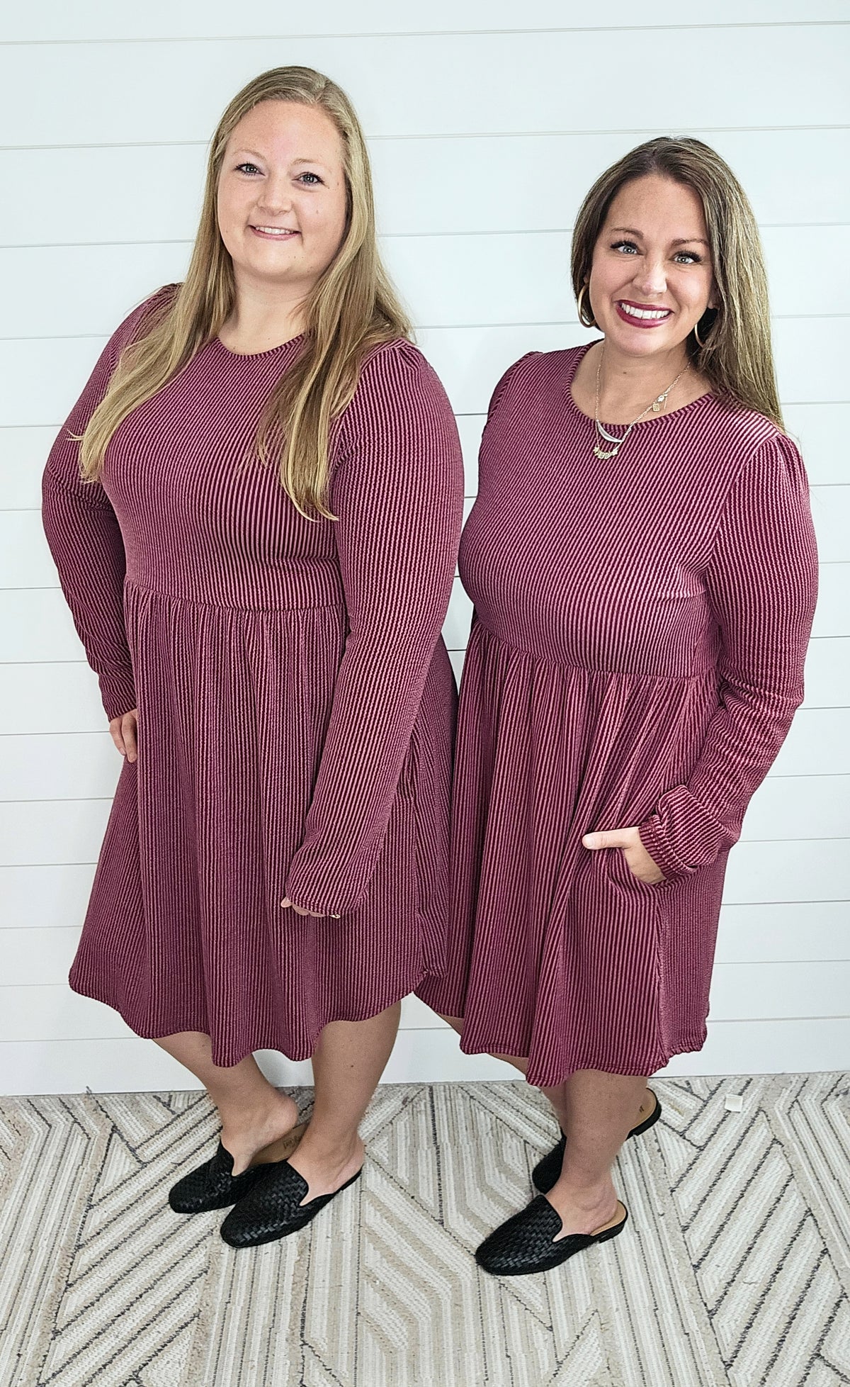 BURGUNDY RAISED RIBBED BABYDOLL DRESS