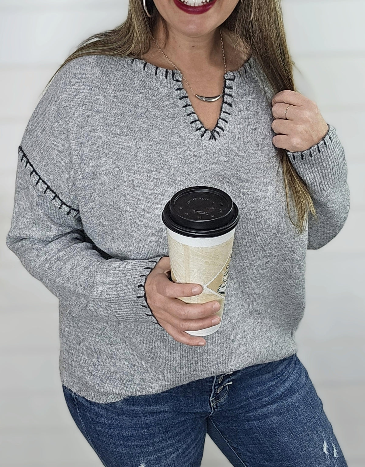 HEATHER GREY BLANKET STITCH NOTCHED NECKLINE PULLOVER SWEATER