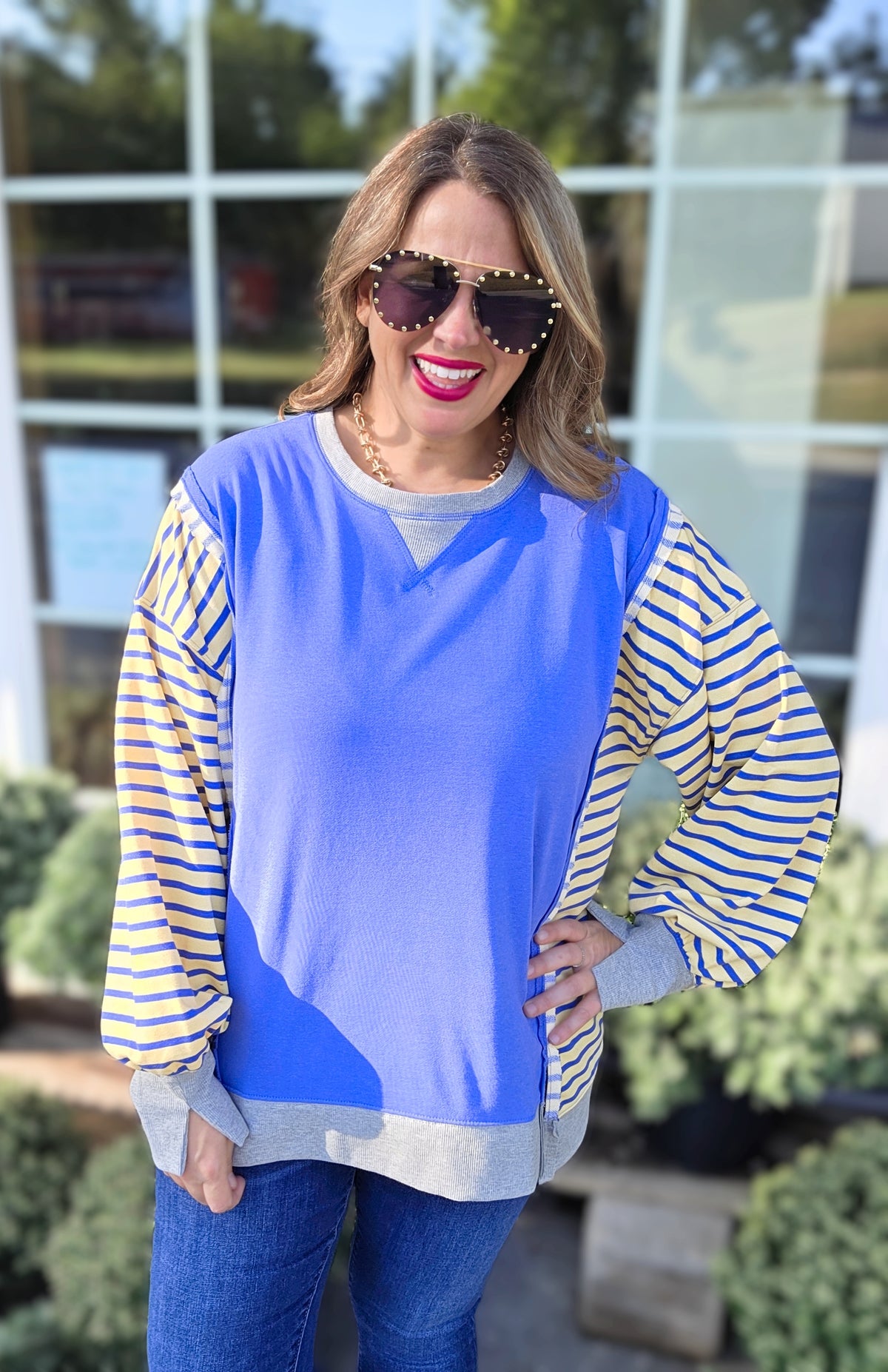 BLUE/STRIPED CONTRAST FRENCH TERRY TOP