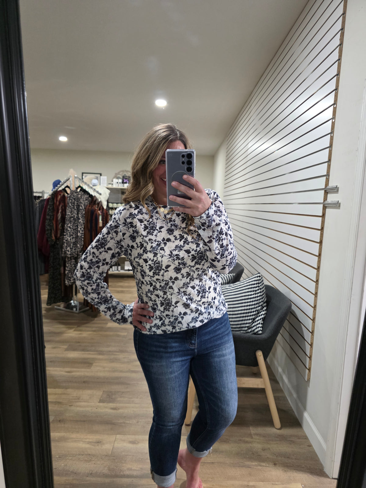 SHIRLEY AND STONE BLACK AND WHITE FLORAL MESH TOP