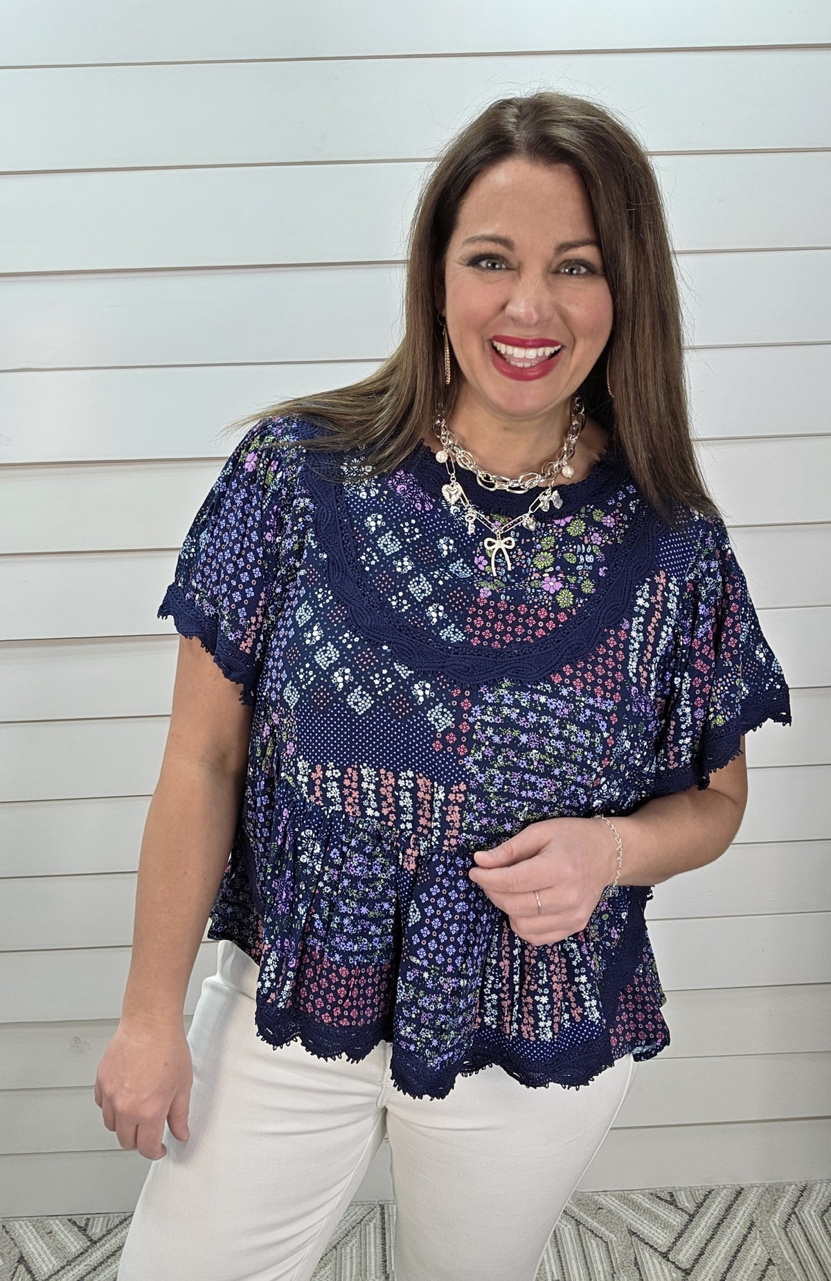 NAVY PATCHWORK FLORAL/LACE TRIM WOVEN TOP