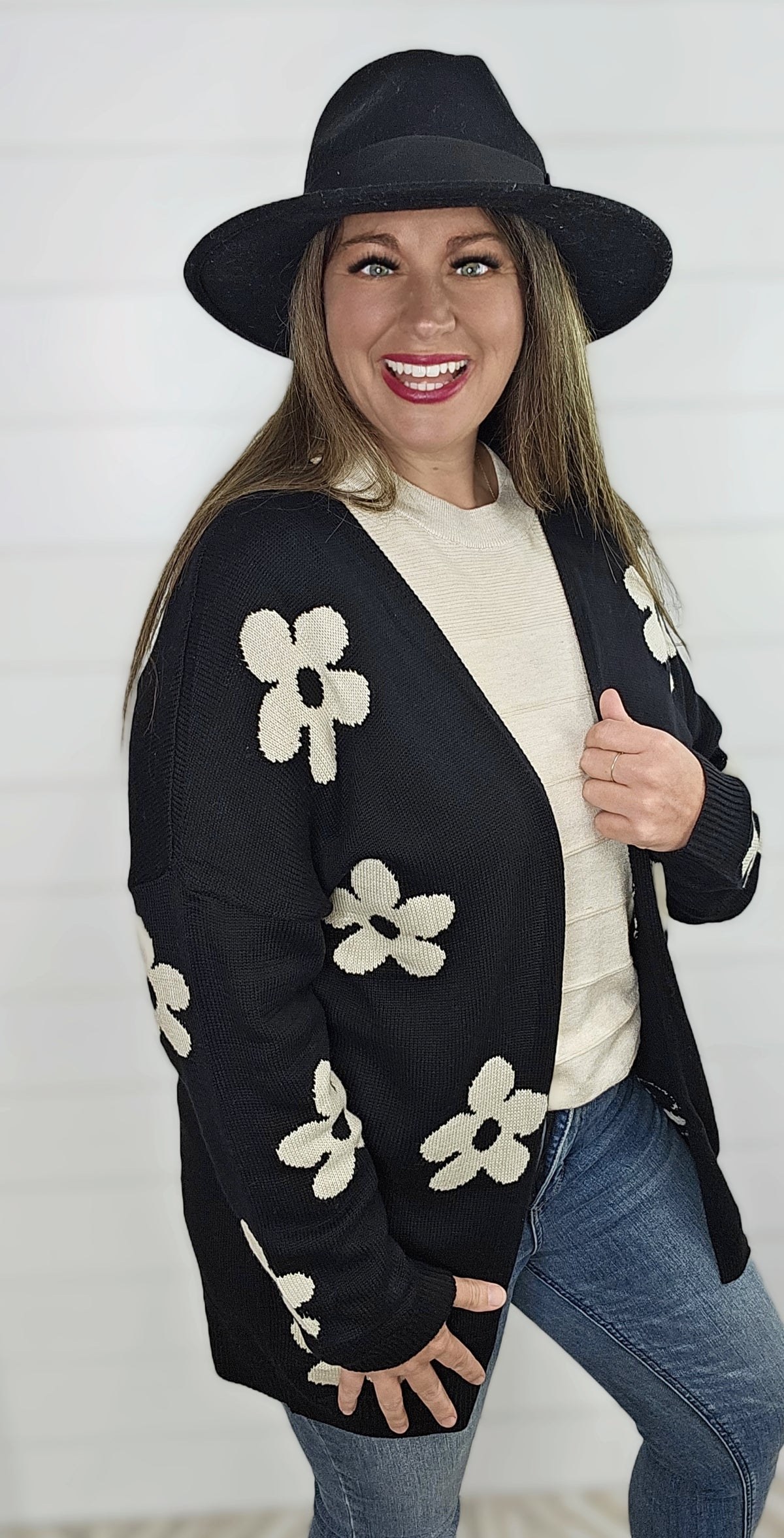 BLACK/MOCHA FLORAL KNITTED CARDIGAN