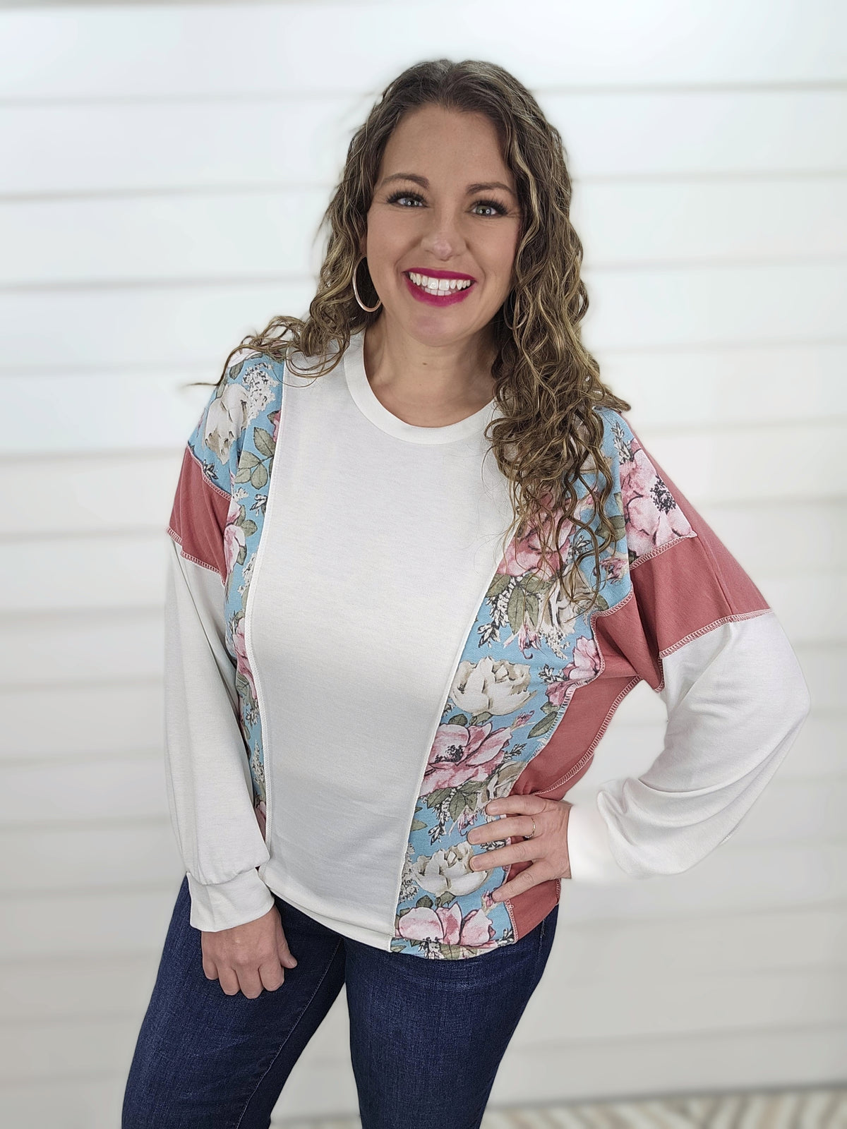 MAUVE FLORAL COLORBLOCK KNIT TOP