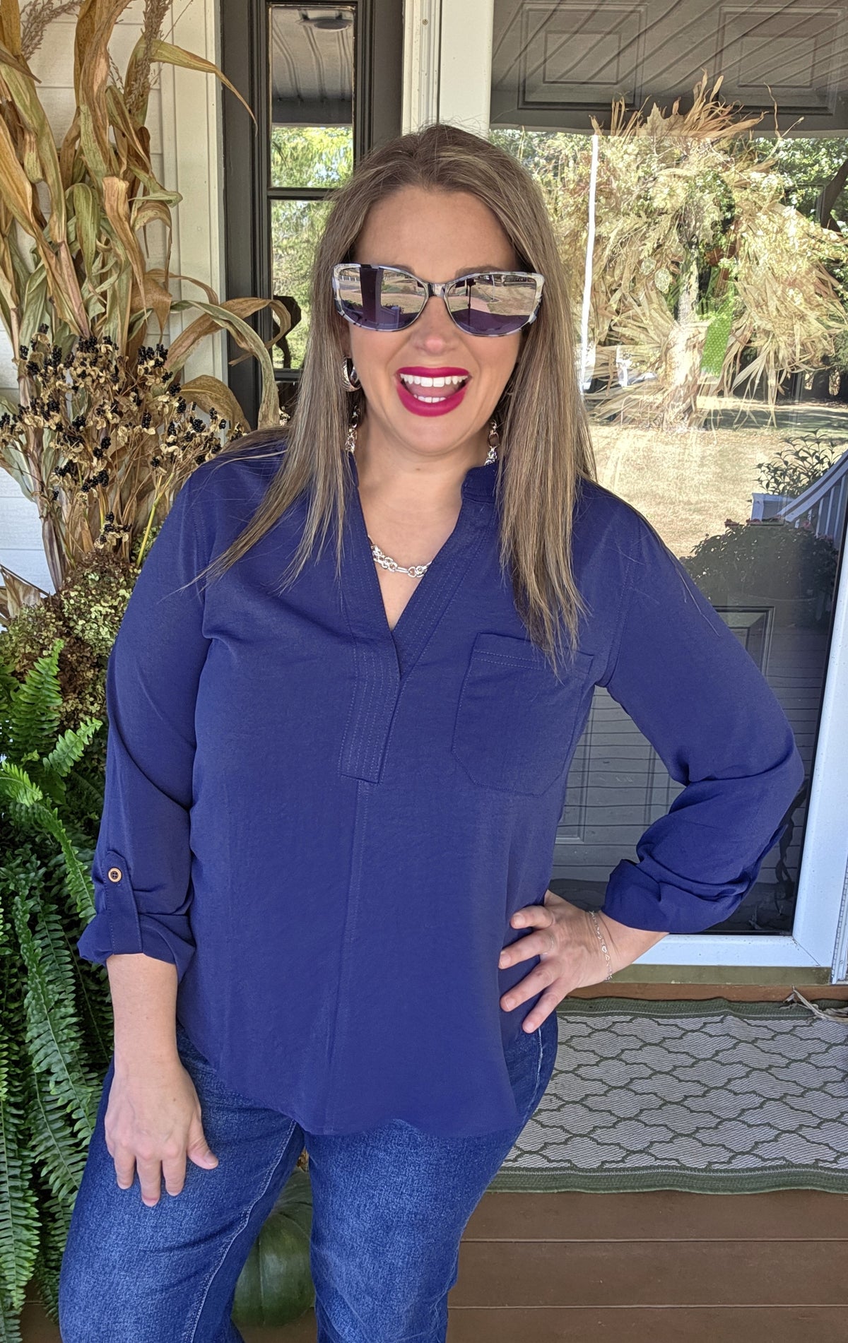 NAVY V NECK ROLL UP SLEEVE WOVENT TOP