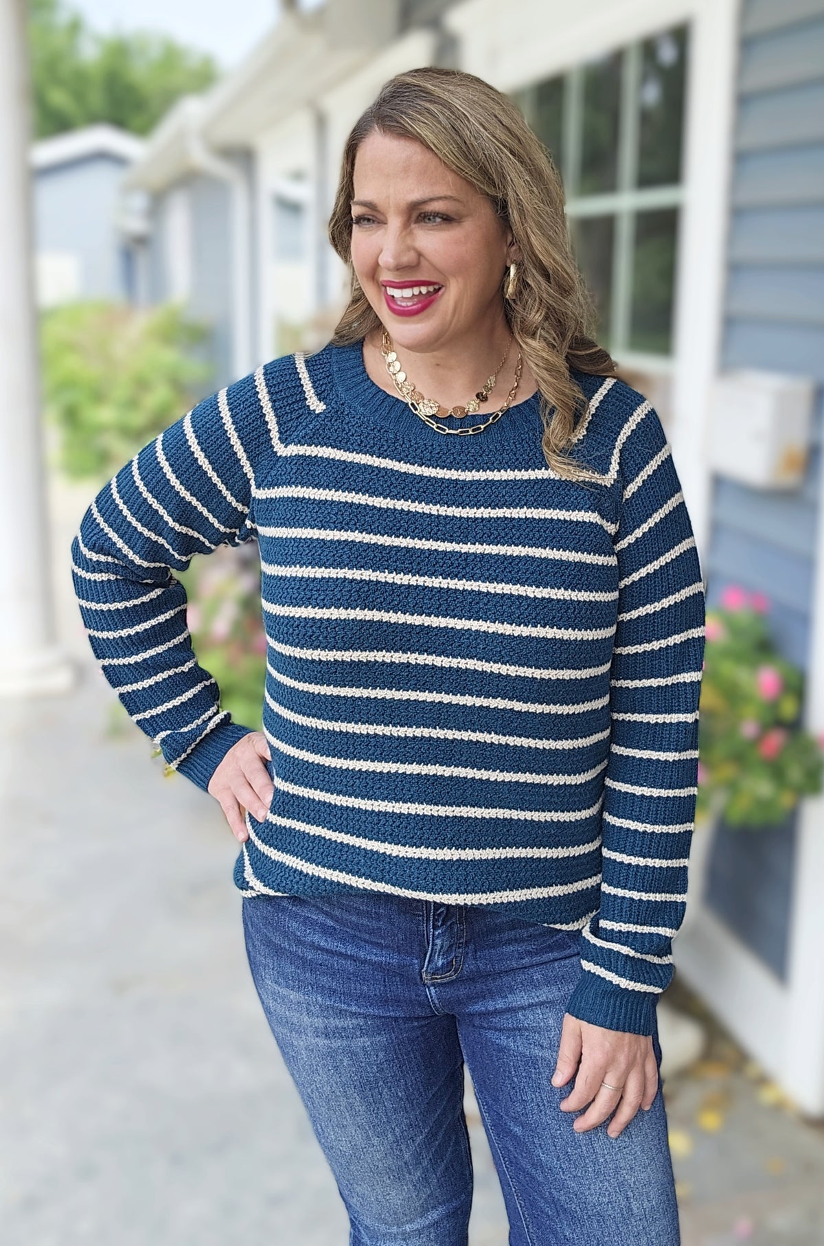 TEAL STRIPED CURVED HEM SWEATER