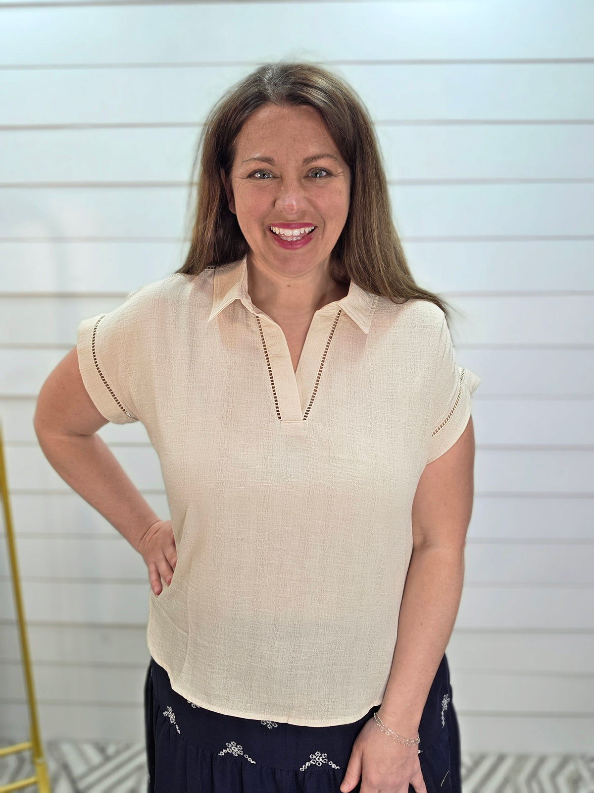LIGHT KHAKI COLLARED V NECK LINE LACE WOVEN TOP