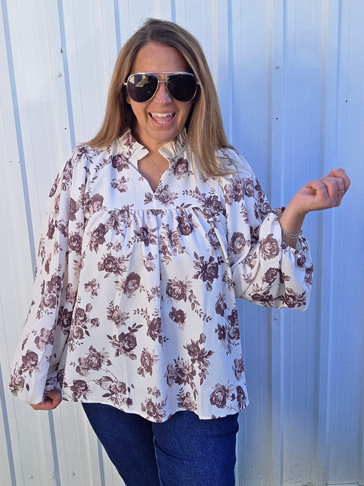 Oatmeal/Brown Frilled Notch Neck Yoke Bubble Long Sleeve Vintage Floral Print Woven Blouse