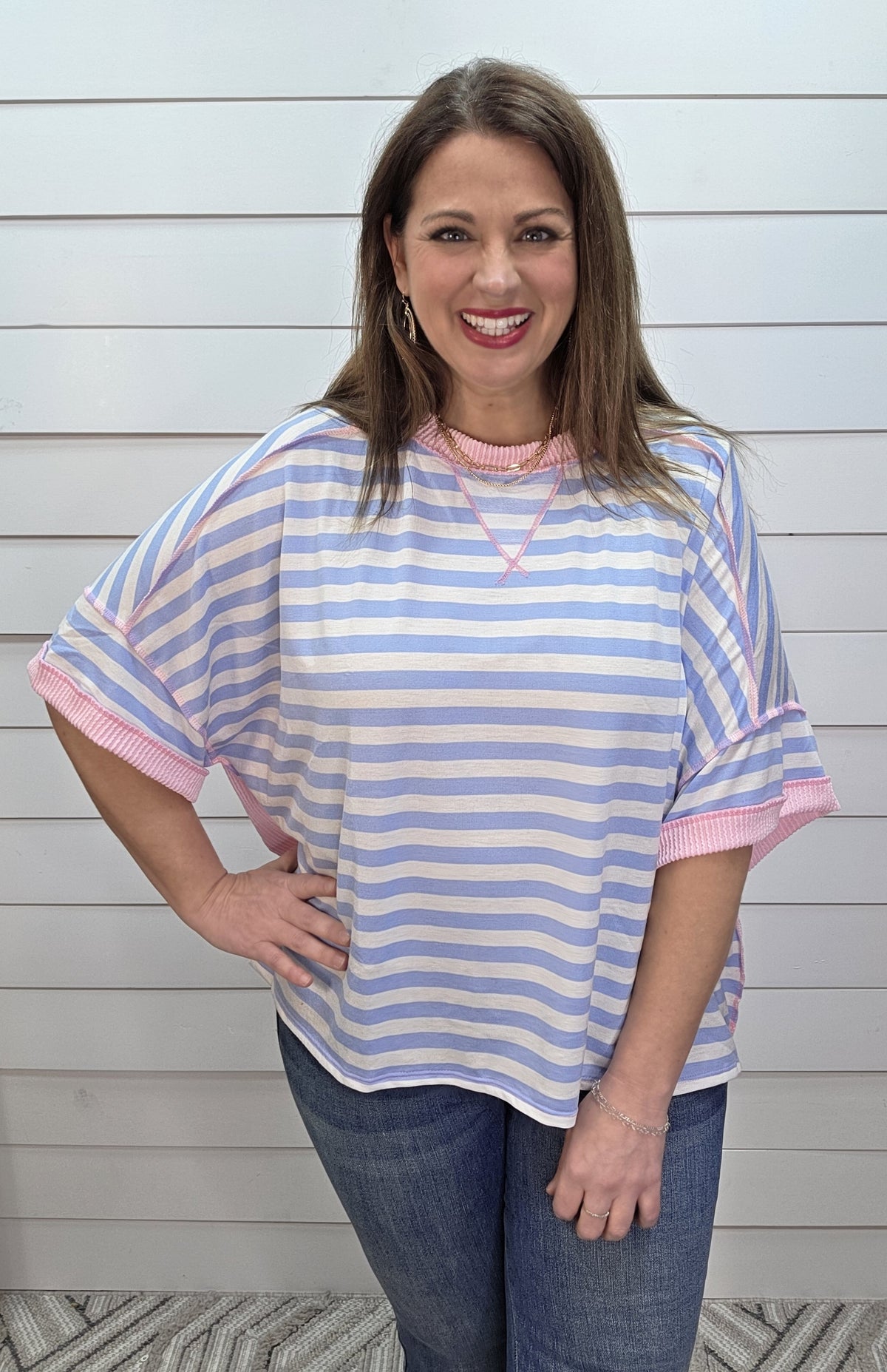 BLUE/CREAM STRIPED OVERSIZED KNIT TOP W/ PINK RAISED RIBBED TRIM