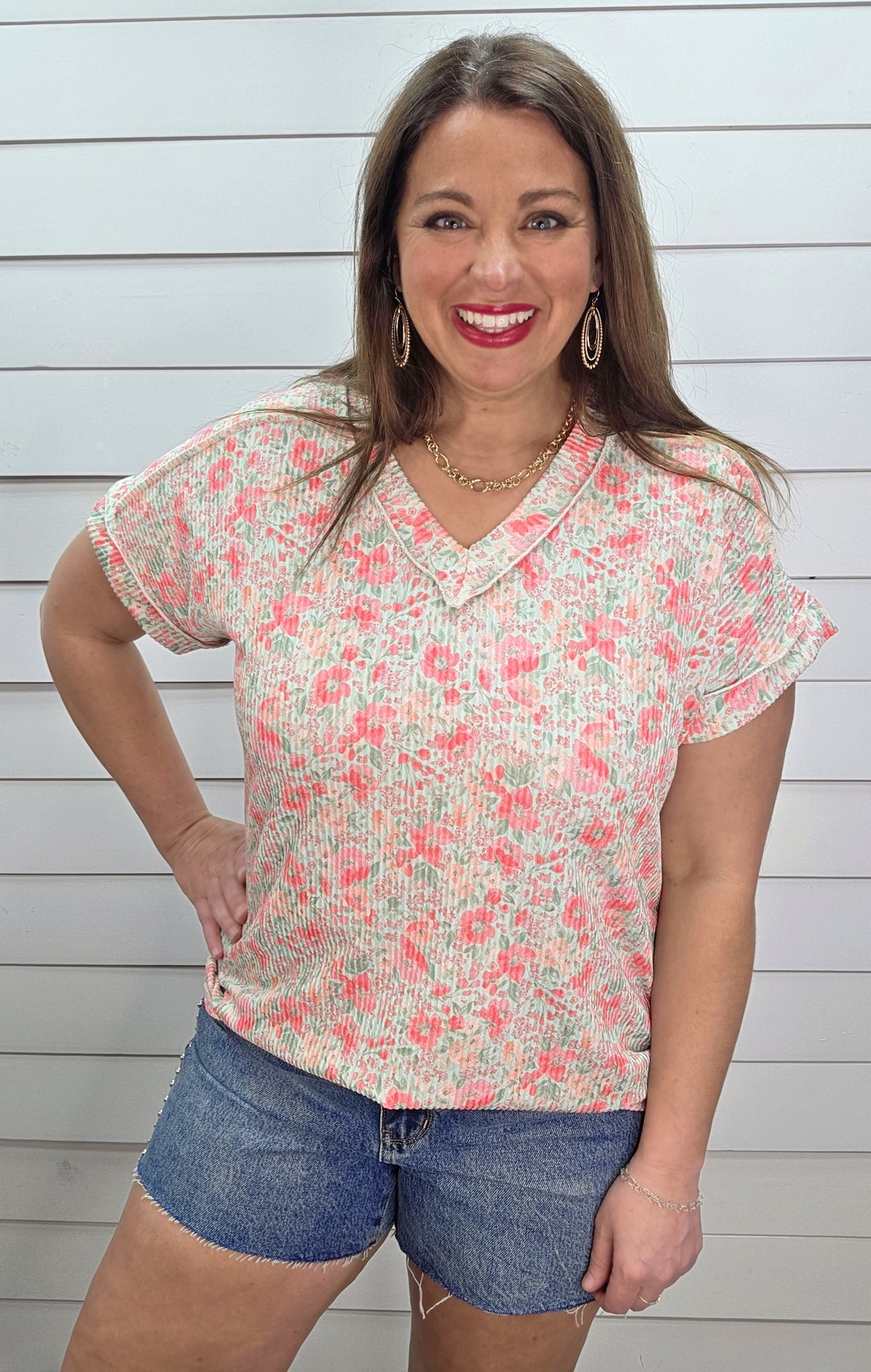 MINT/CORAL FLORAL RAISED RIBBED V NECK KNIT TOP