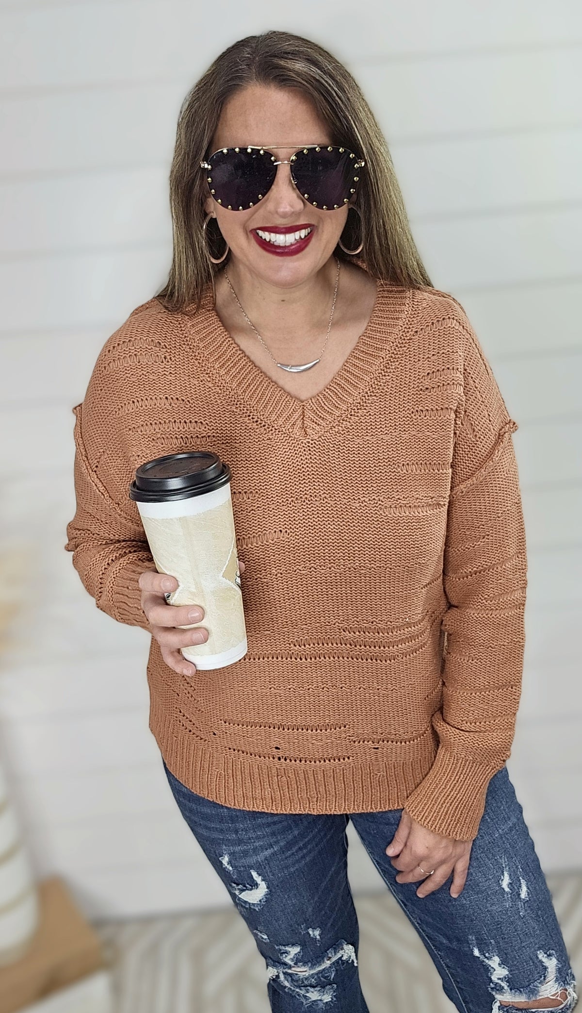 TERRA COTTA DISTRESSED DETAIL V NECK SWEATER