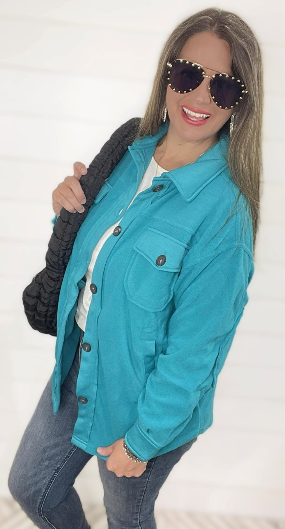 OVERSIZED PLUSH FLEECE SHACKET - TEAL