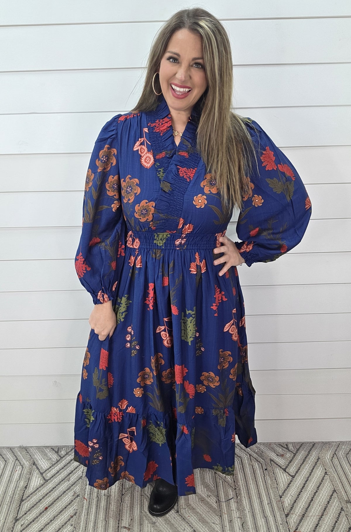 NAVY FLORAL ELASTIC WAIST V NECK LONG DRESS