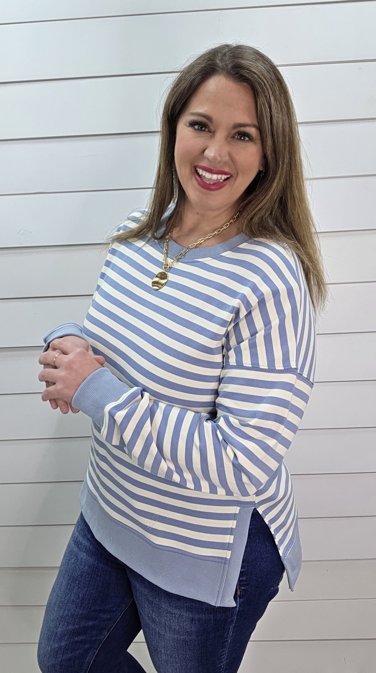 SKY BLUE STRIPED FRENCH TERRY TOP W/ SPLIT SIDES