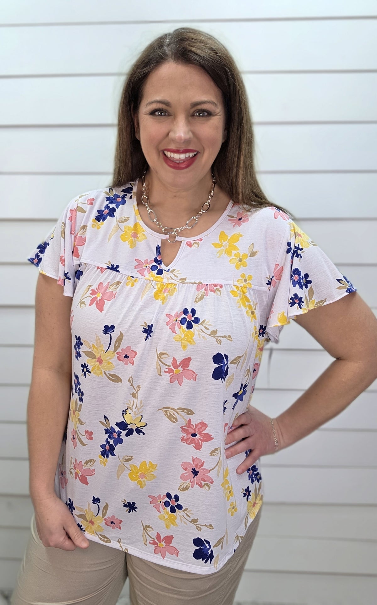 WHITE BLUE/YELLOW FLORAL KNIT TOP W/ KEYHOLE