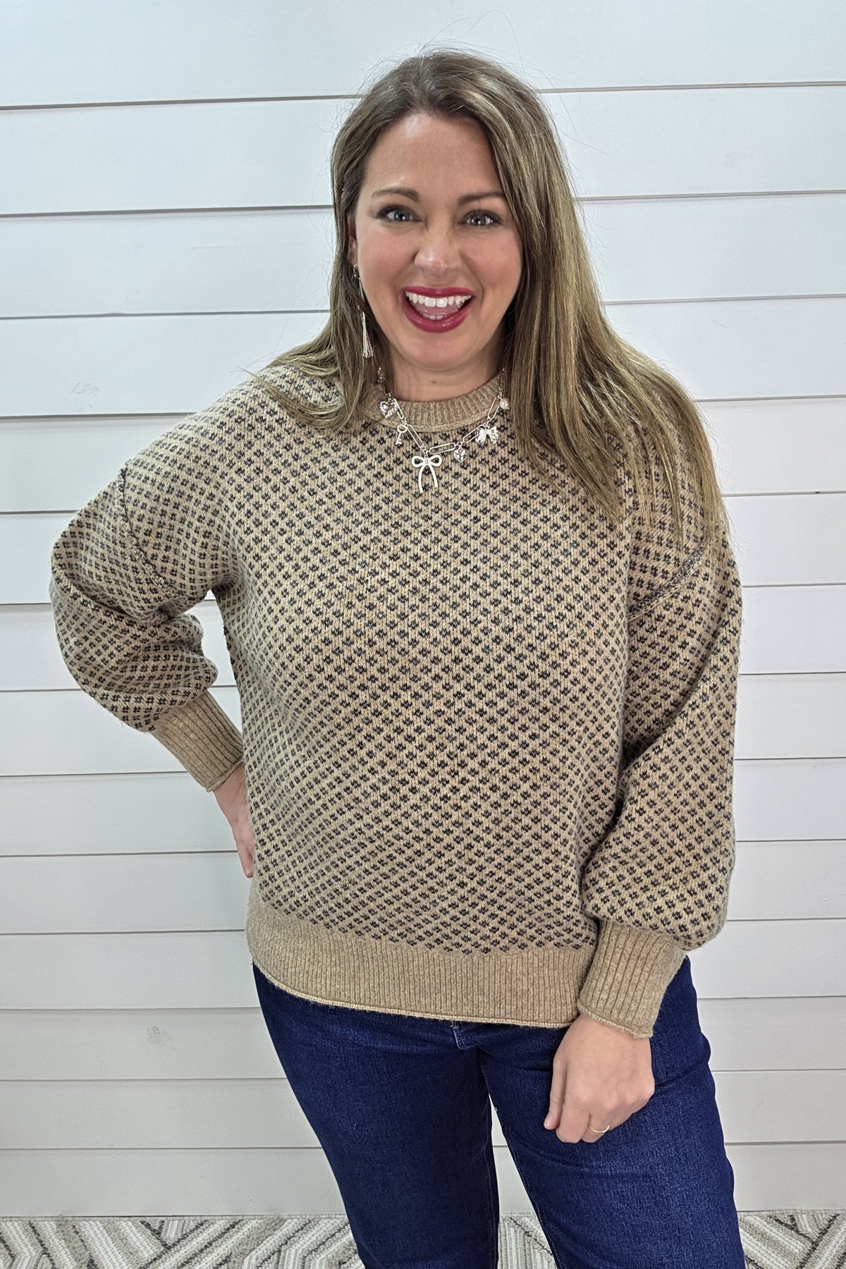 KHAKI MINI JACQUARD CREW NECK LONG SLEEVE SWEATER