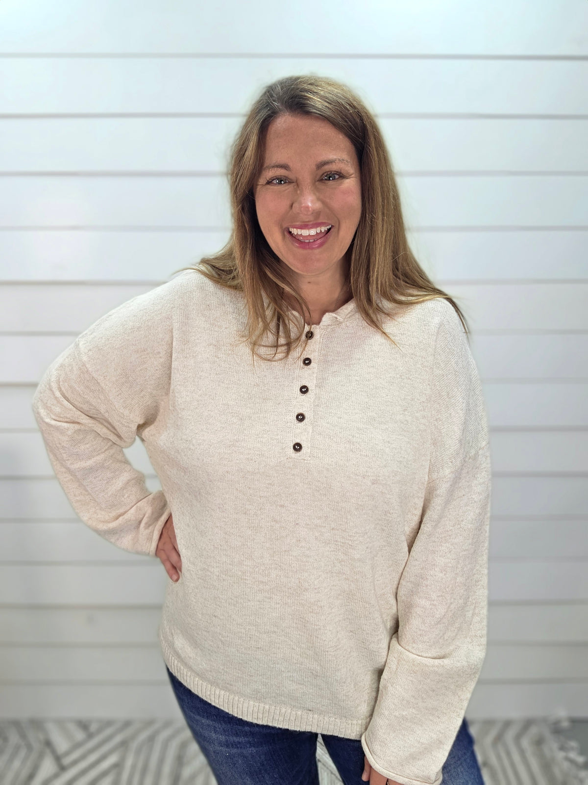 OATMEAL RAW ROLLED EDGE HENLEY RELAXED SWEATER