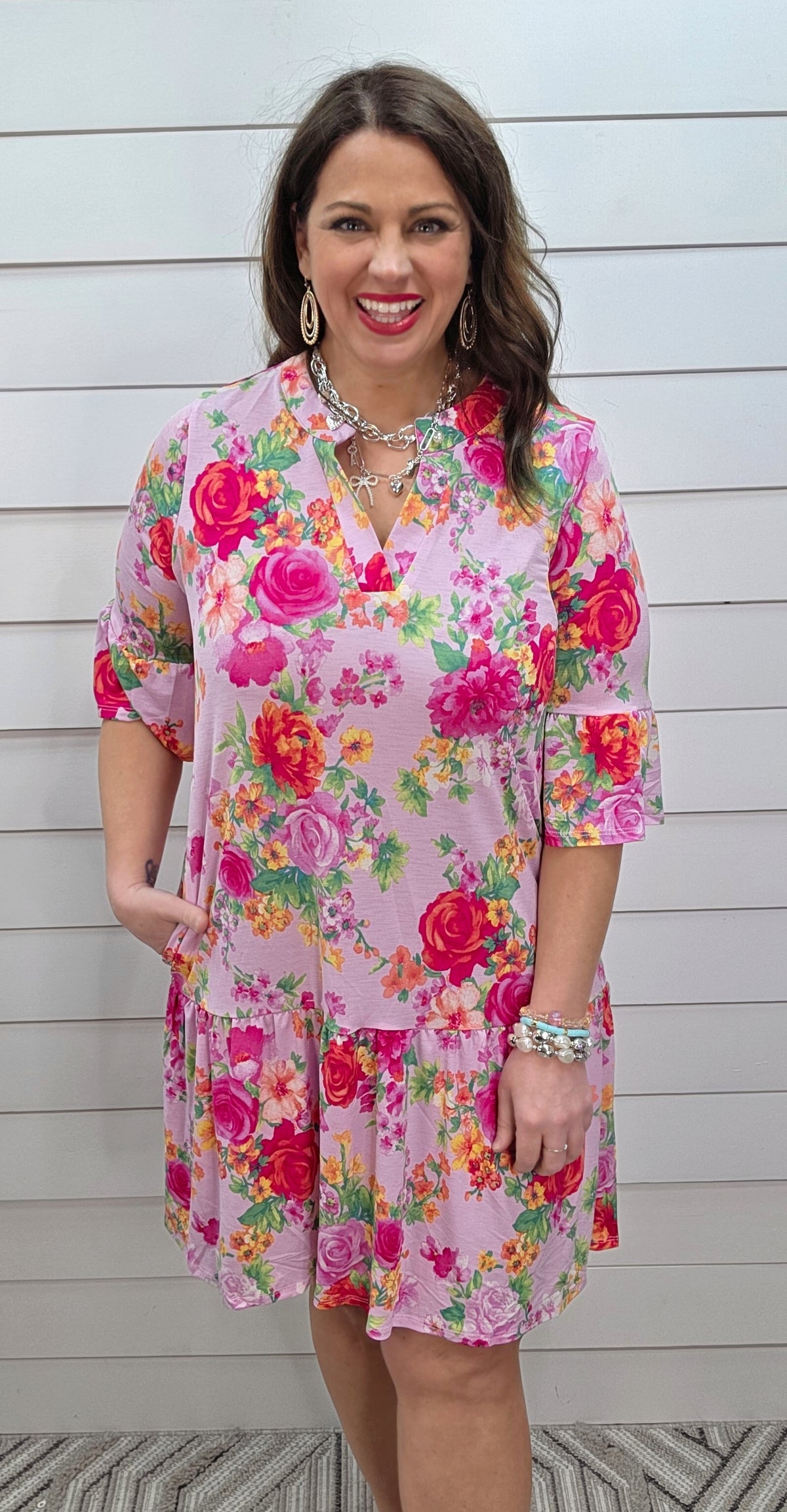 DEAR SCARLETT SUNDAY 3/4 SLEEVE RUFFLE DETAIL DRESS - BLUSH PINK FLORAL