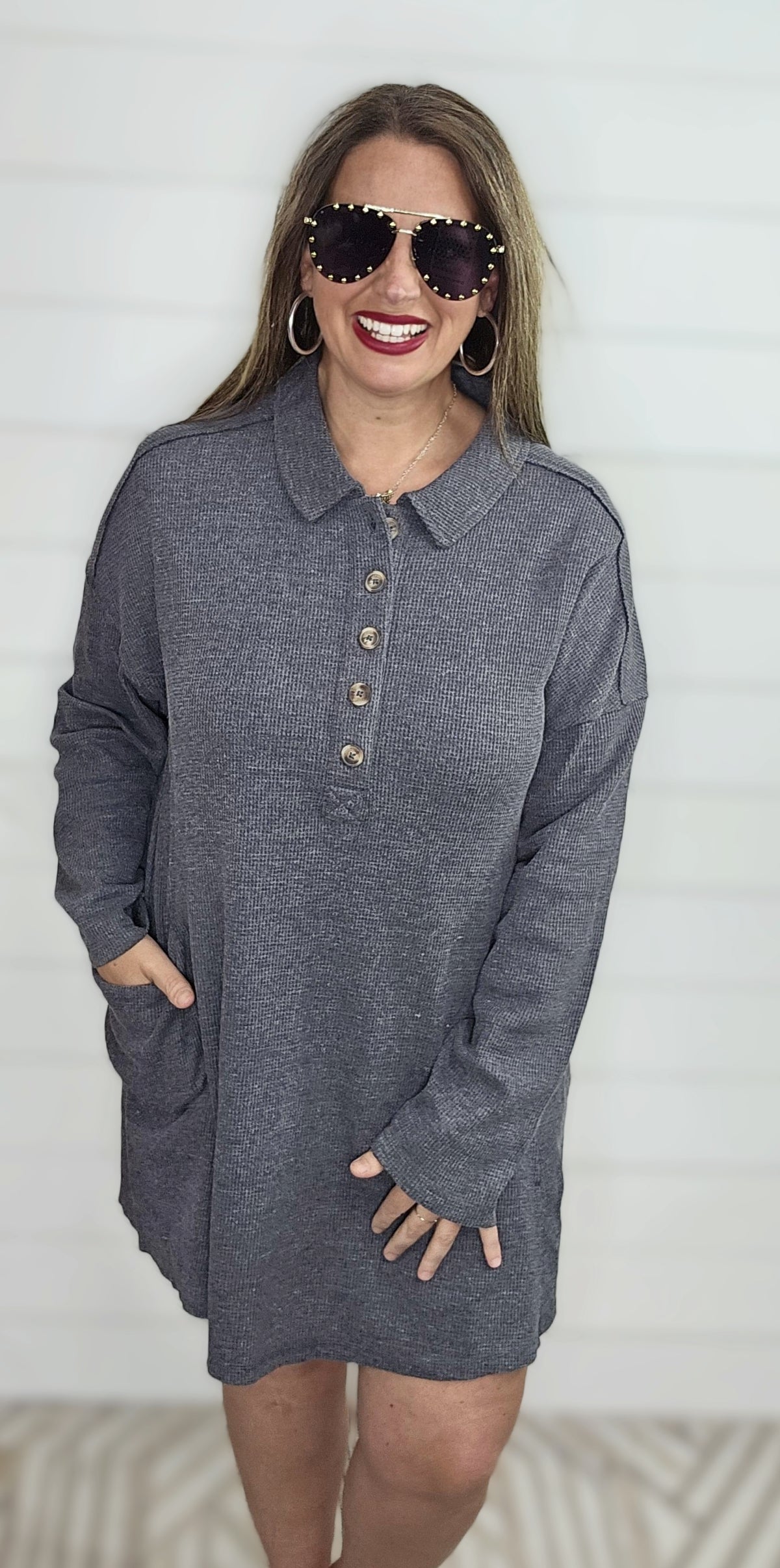 CHARCOAL WAFFLE TEXTURED HALF BUTTON DRESS/TUNIC