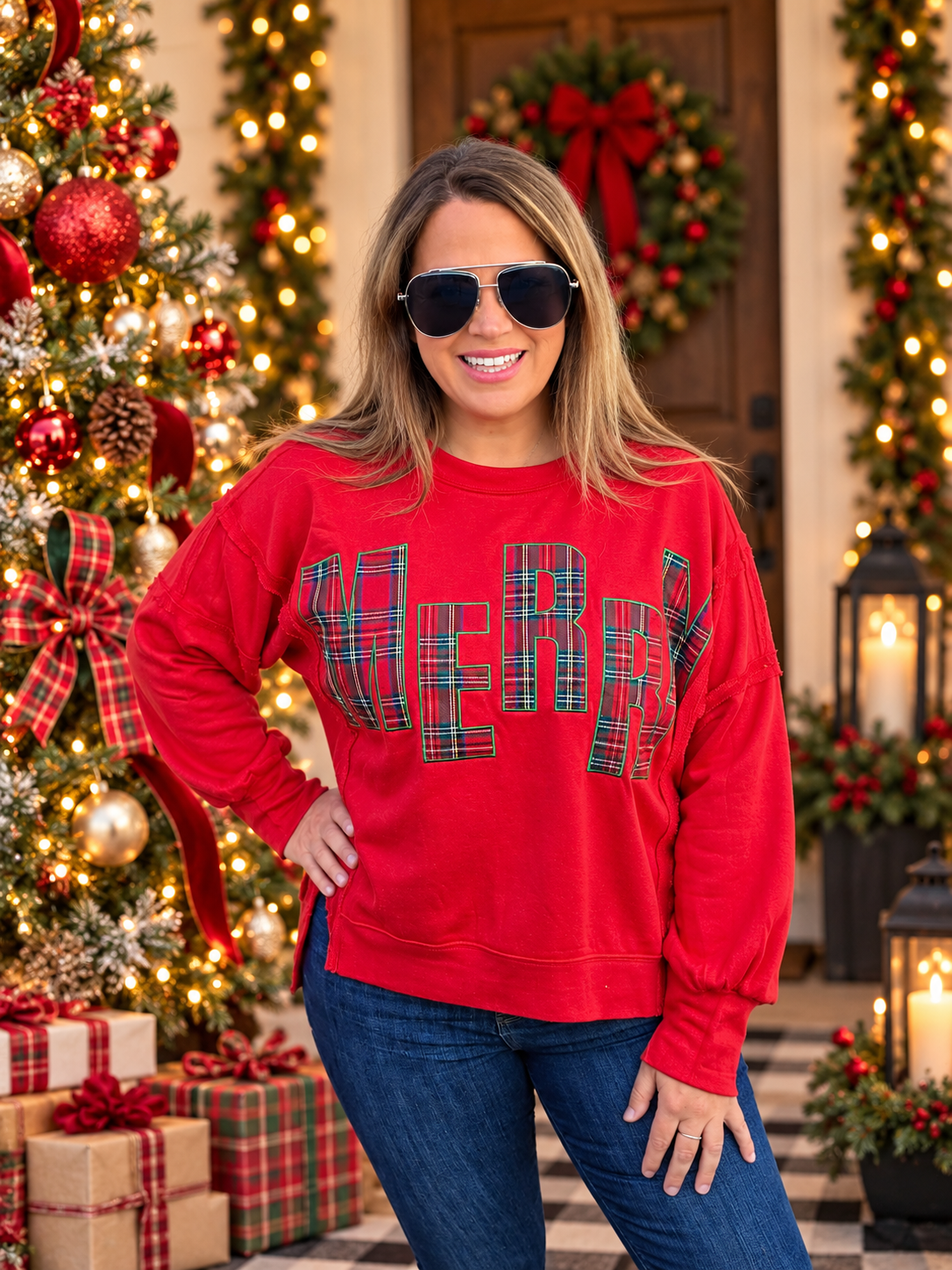 Red Oversized Plaid Merry French Terry Top
