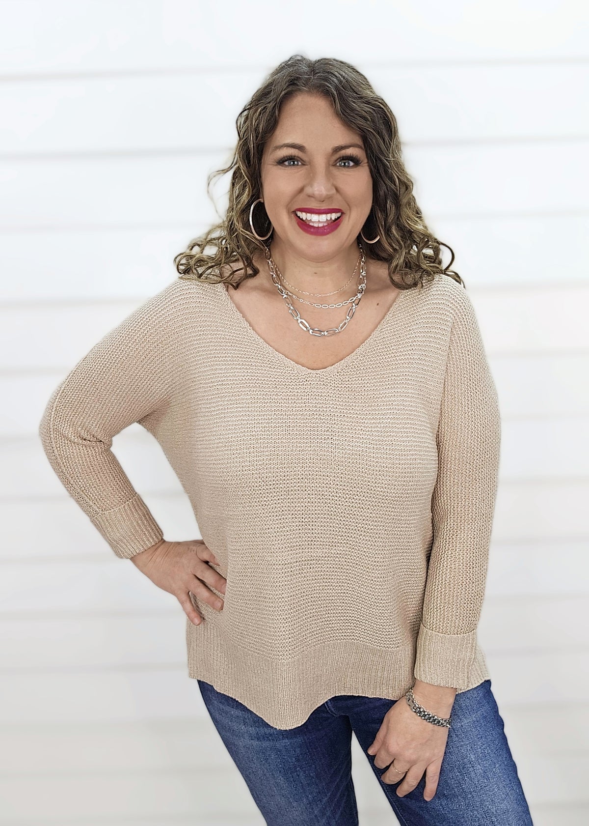 SAND V NECK SLOUCH SWEATER W/ ROLLED SLEEVES