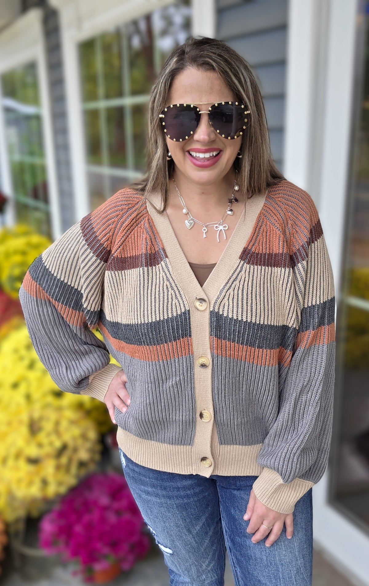TAUPE/RUST/CHARCOAL V NECK BUTTON CARDIGAN/SWEATER