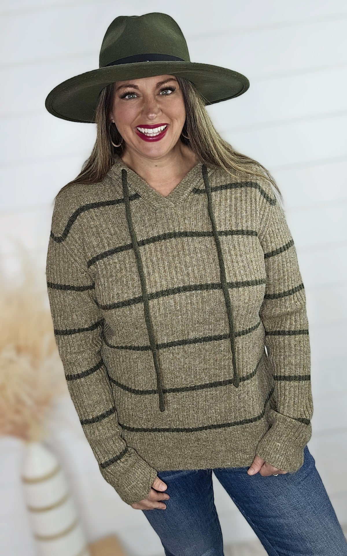 KHAKI HOODED RIBBED STRIPED SWEATER PULLOVER