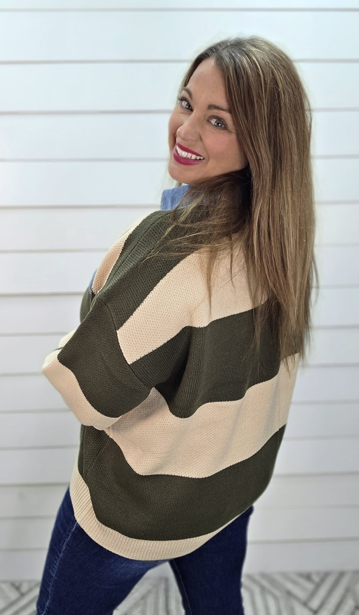 OLIVE/TAN STRIPED KNIT SWEATER W/ DENIM TRIM
