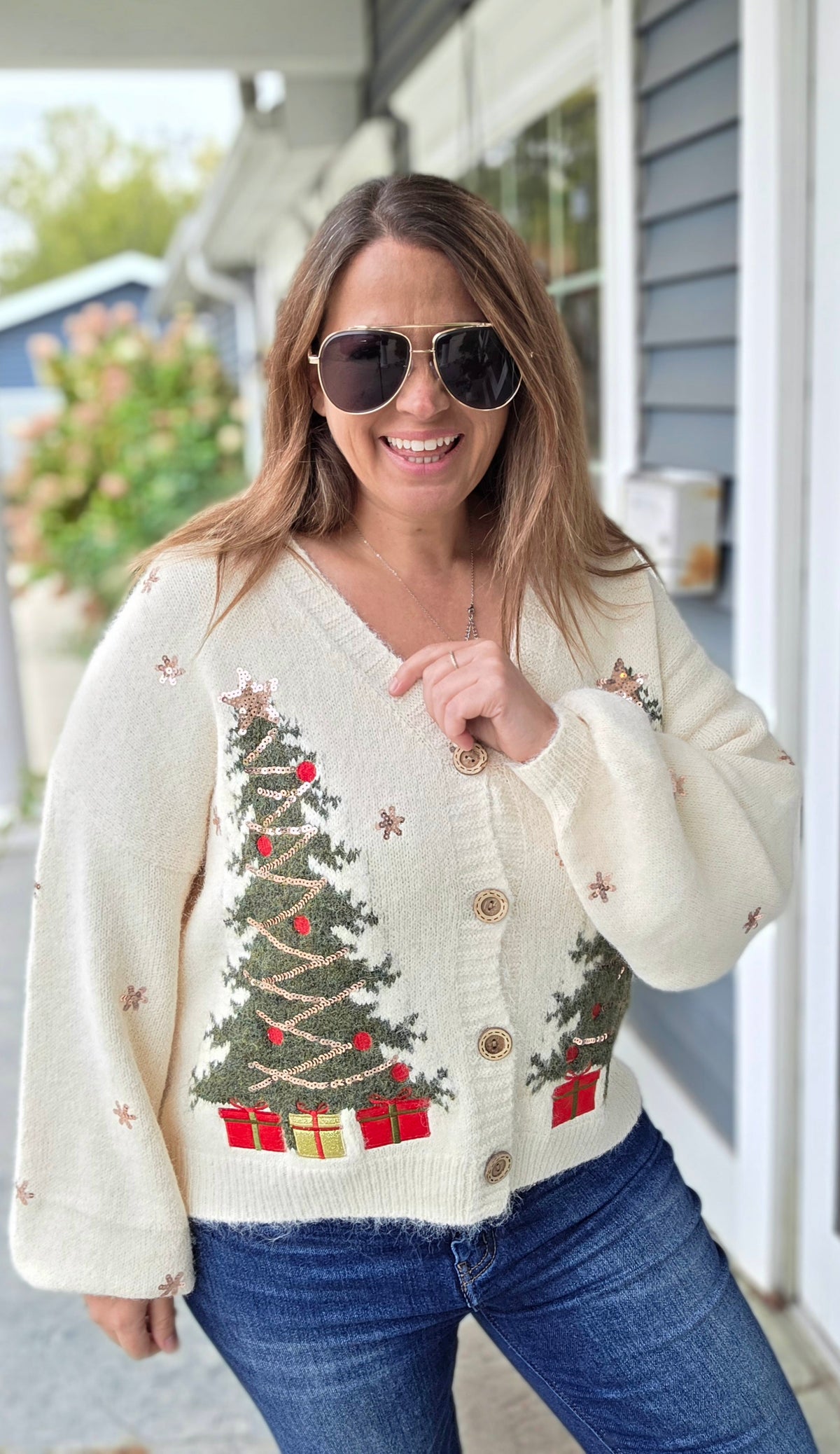 IVORY CHRISTMAS TREE V NECK BUTTON OVERSIZED CARDIGAN