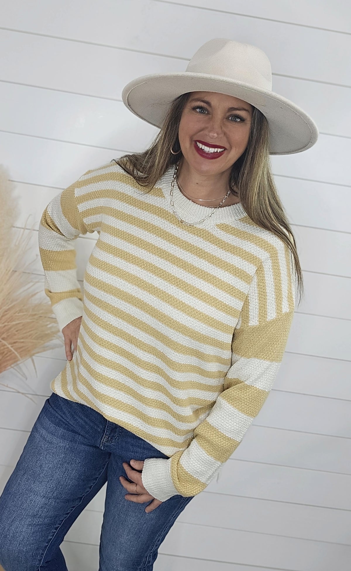 MUSTARD TEXTURED MULTI STRIPED CREW NECK SWEATER