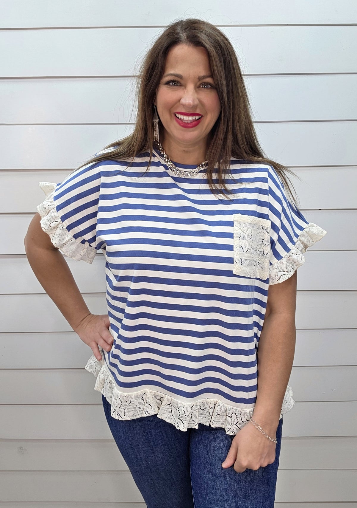 BLUE STRIPED KNIT TOP W/ LACE ACCENTS