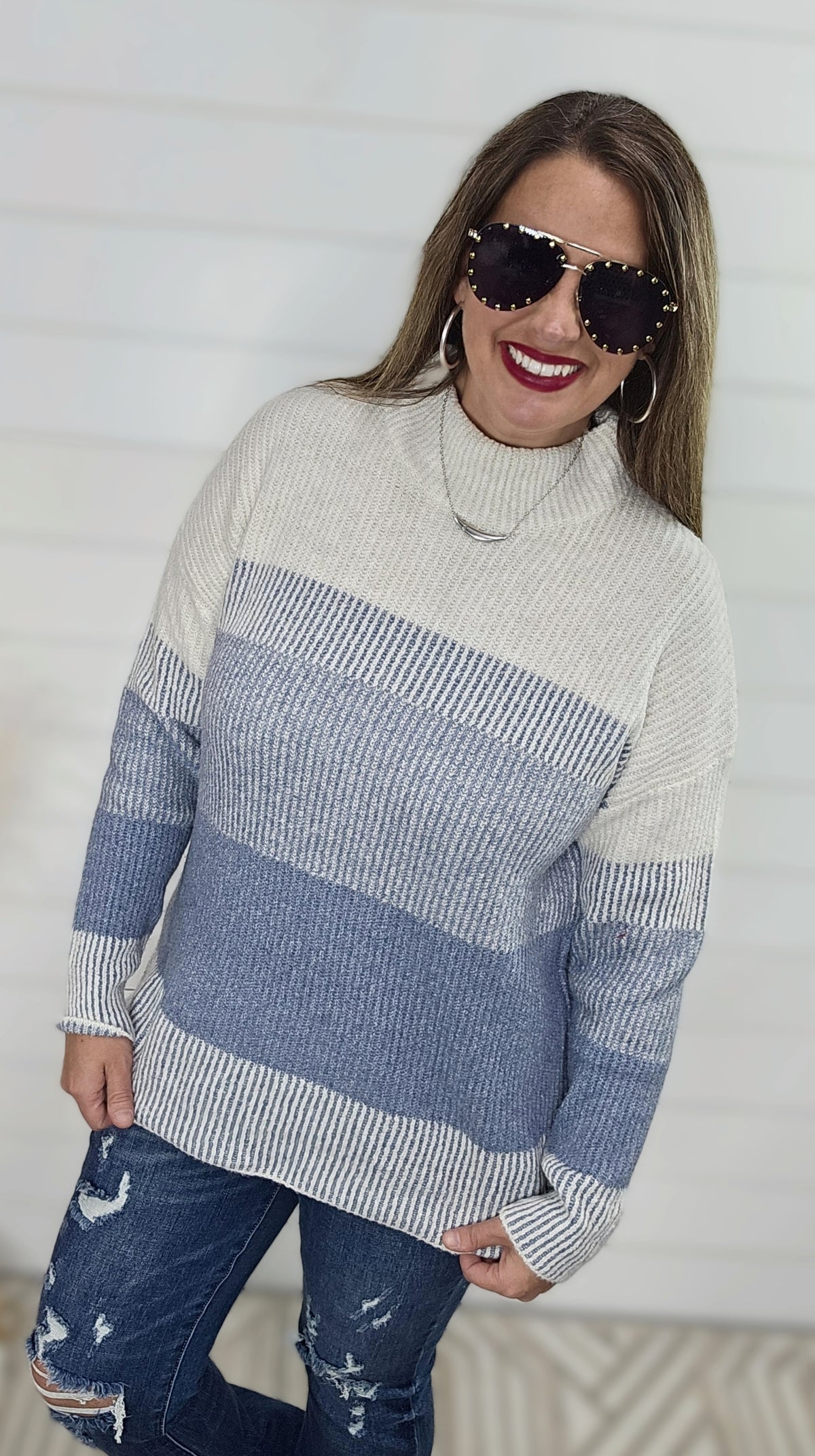 DENIM RIBBED COLORBLOCK MOCK NECK SWEATER