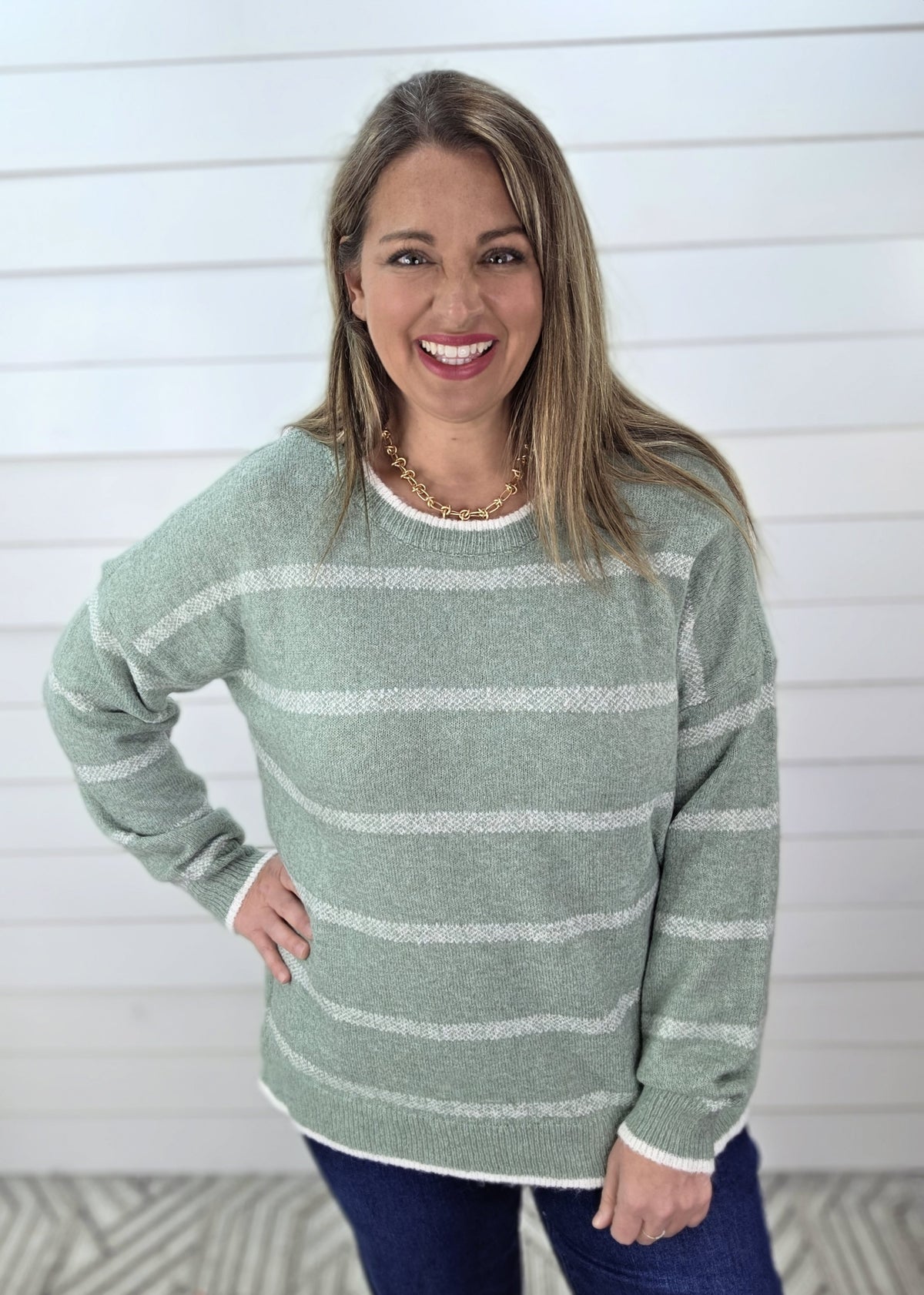 SAGE/CREAM STRIPED KNIT LIGHT WEIGHT SWEATER