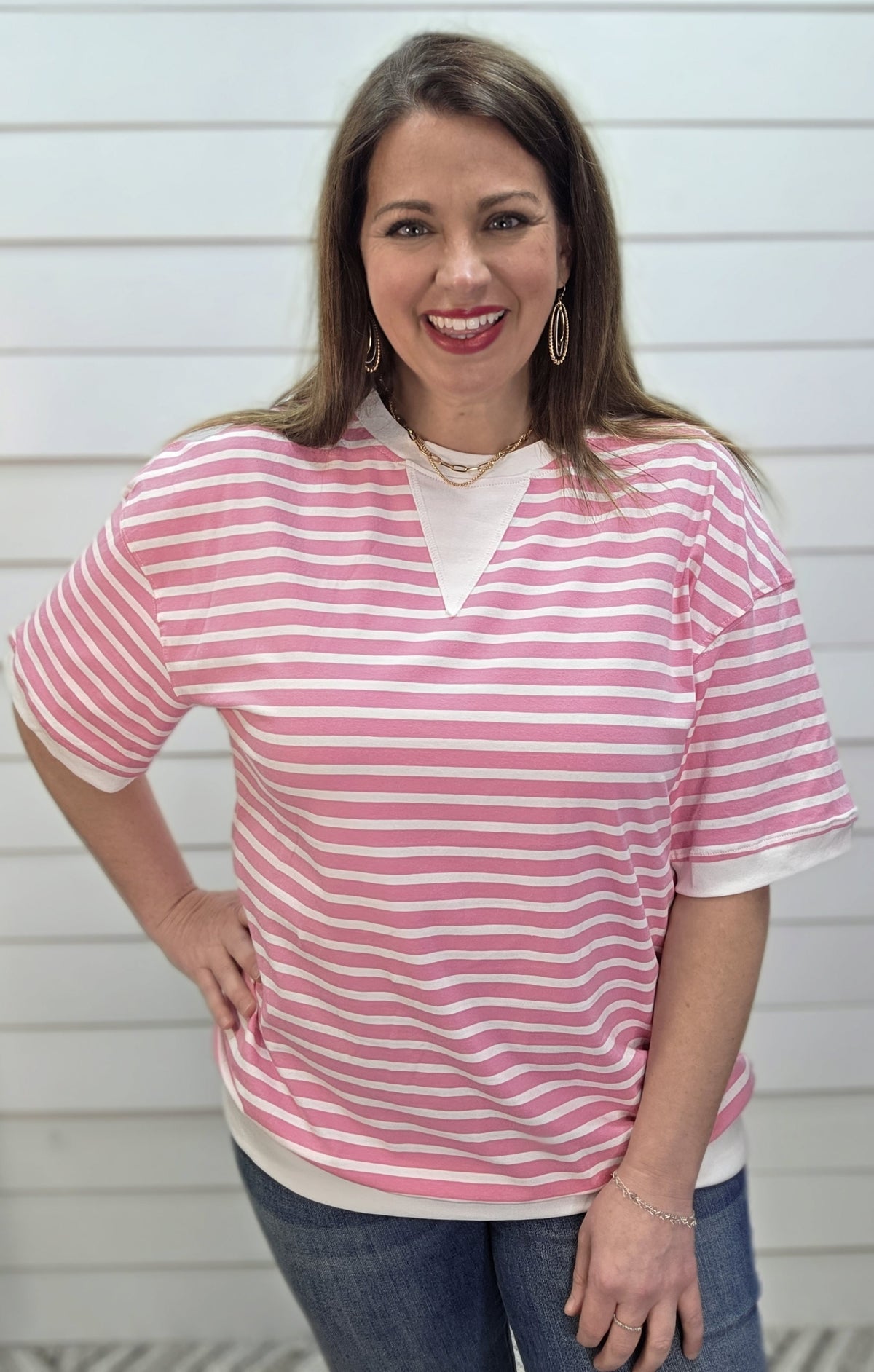 PINK STRIPED ROUND NECK KNIT TOP