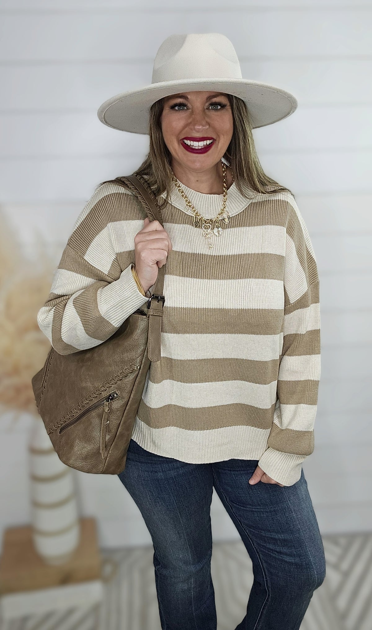 TAUPE STRIPED KNIT COTTON BLEND SWEATER