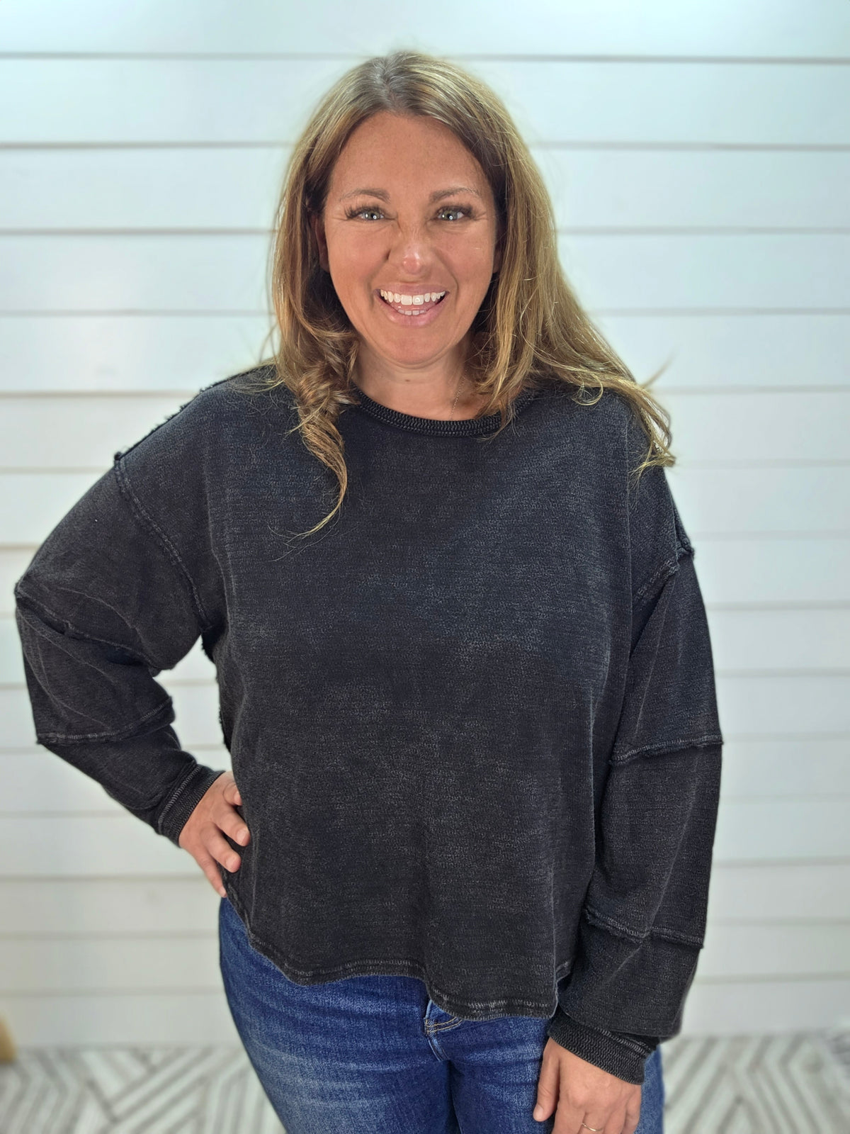 BLACK MINERAL WASH LONG SLEEVE KNIT FLOWY TOP