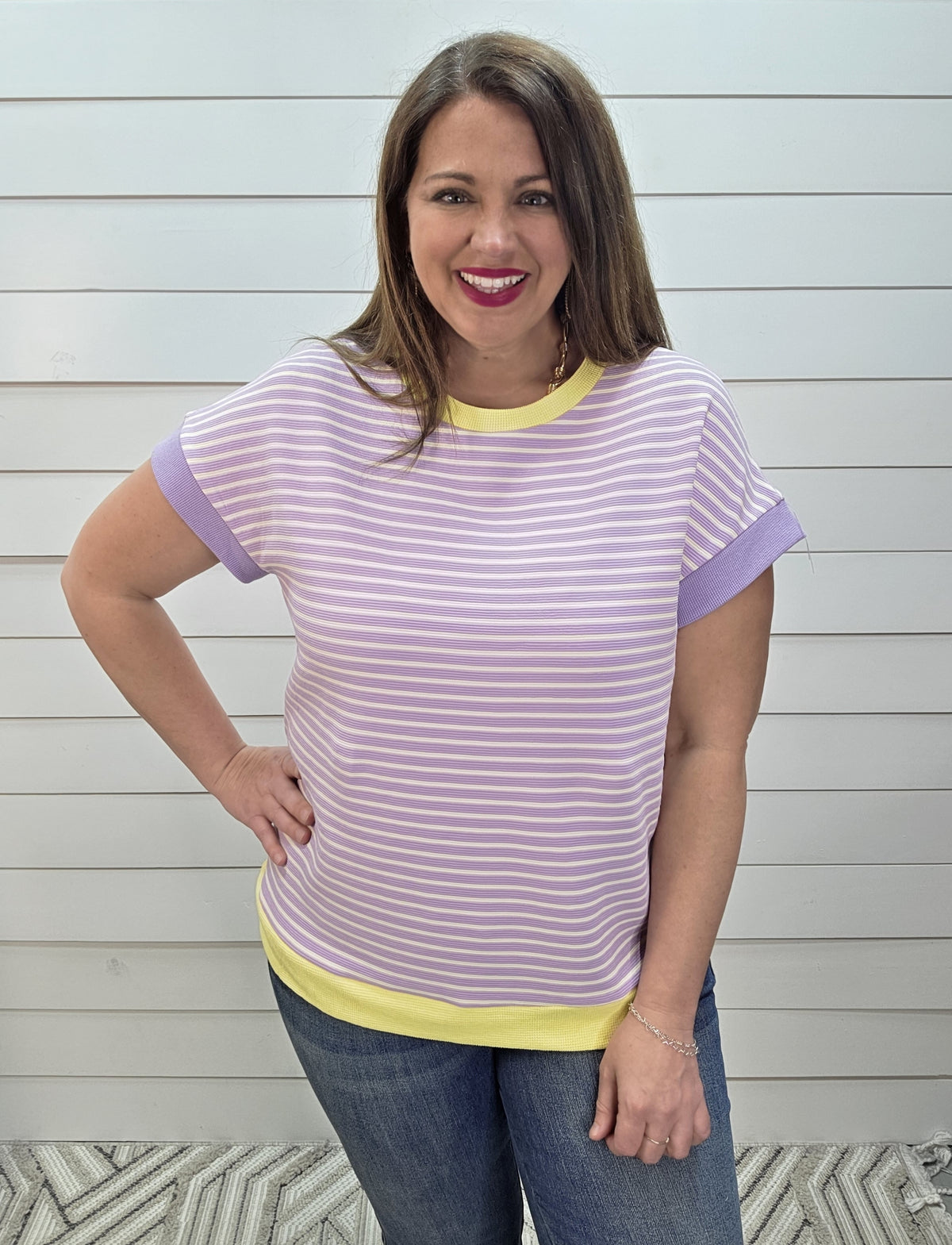 PURPLE STRIPED KNT TOP W/ YELLOW TRIM