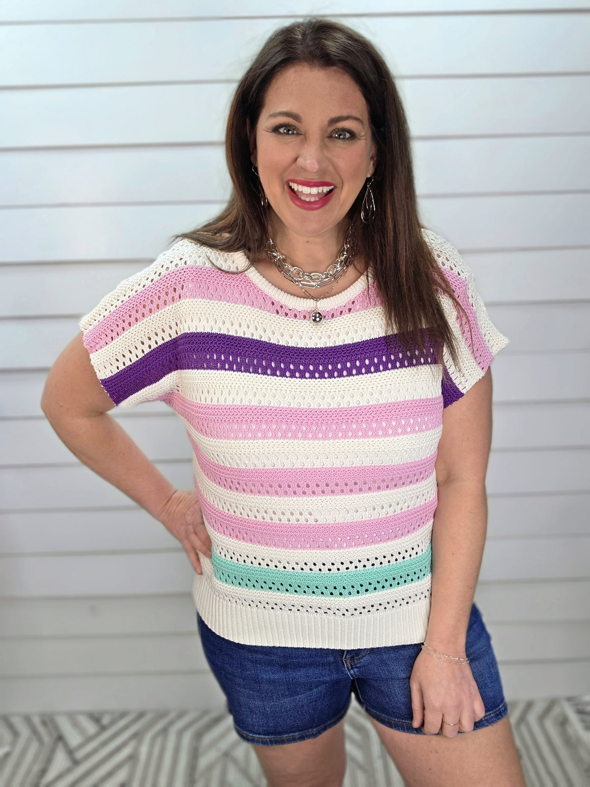 PINK/PURPLE/MINT OPEN WEAVE SHORT SLEEVE KNIT