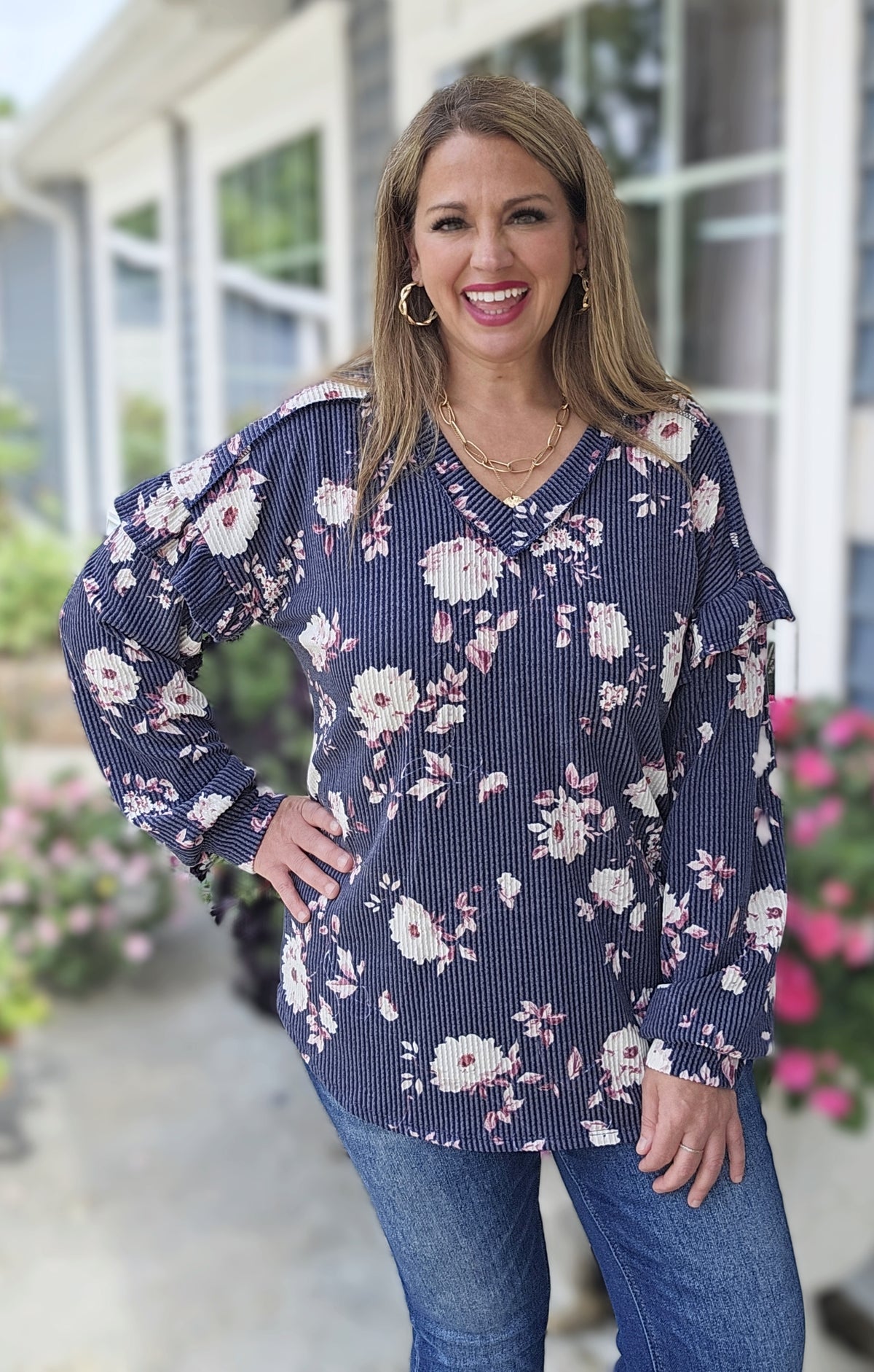 NAVY FLORAL RAISED RIBBED V NECK TOP W/ RUFFLE LONG SLEEVE DETAIL