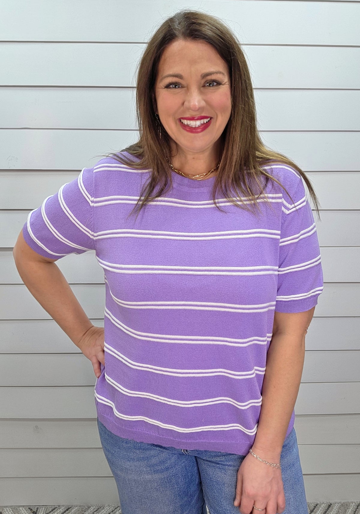 LAVENDER STRIPED SHORT SLEEVE LIGHT WEIGHT SWEATER KNIT TOP