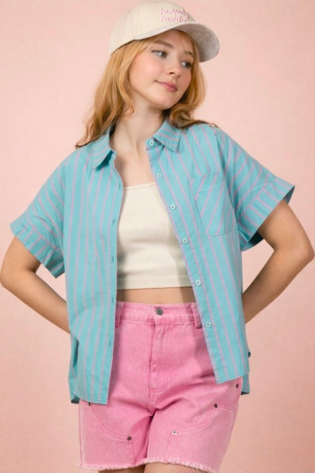 MINT/HOT PINK STRIPED BUTTON DOWN OVERSIZED TOP