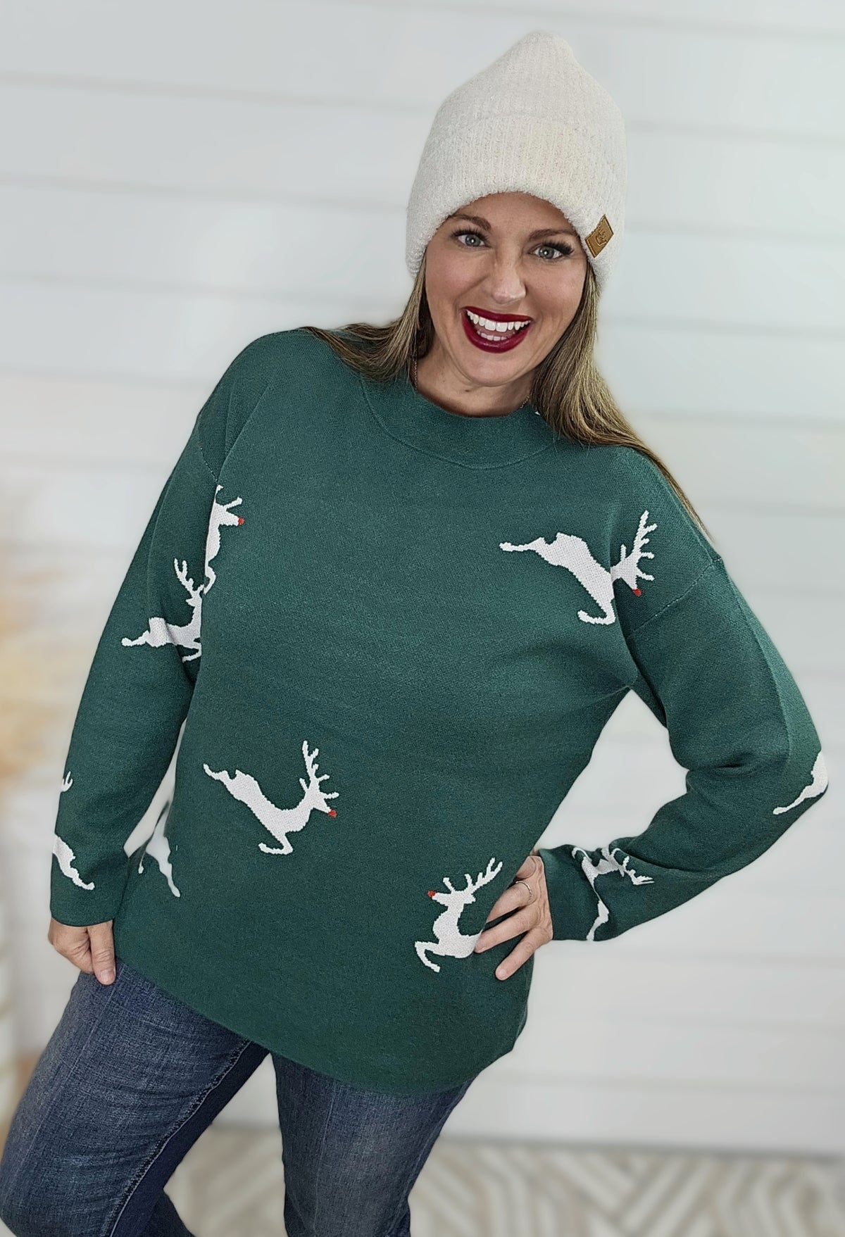 GREEN MOCK NECK REINDEER SWEATER