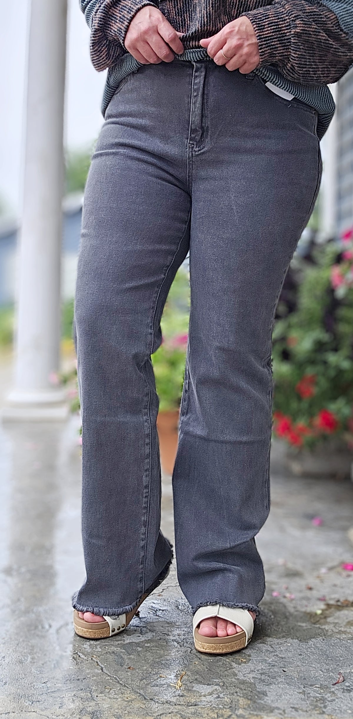 ASH BLACK ACID WASHED FREY HEM WIDE LEG JEANS