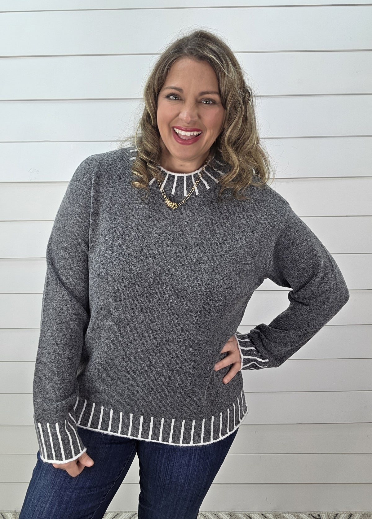 CHARCOAL FAUX STITCH KNIT PULLOVER SWEATER